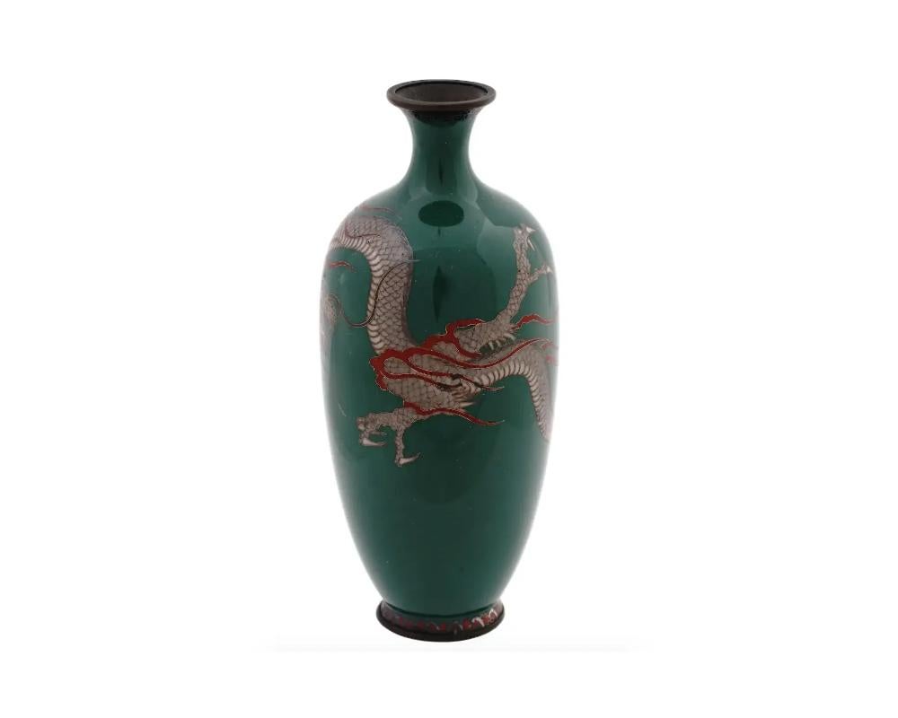 Cloissoné Antique Japanese Meiji Cloisonne Green Enamel Dragon Vase For Sale