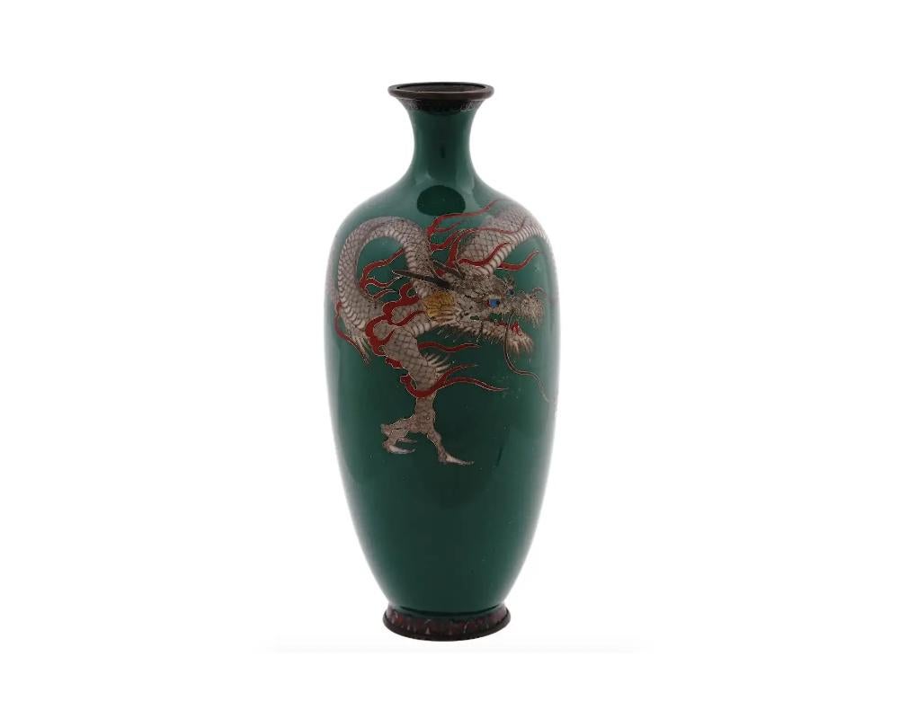 19th Century Antique Japanese Meiji Cloisonne Green Enamel Dragon Vase For Sale
