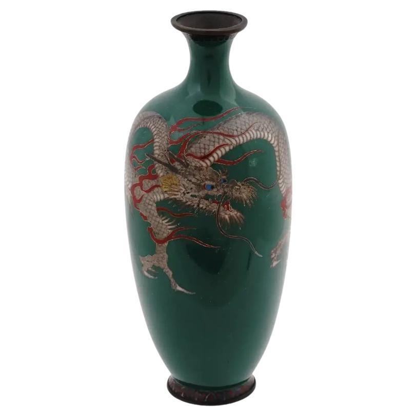 Antique Japanese Meiji Cloisonne Green Enamel Dragon Vase For Sale