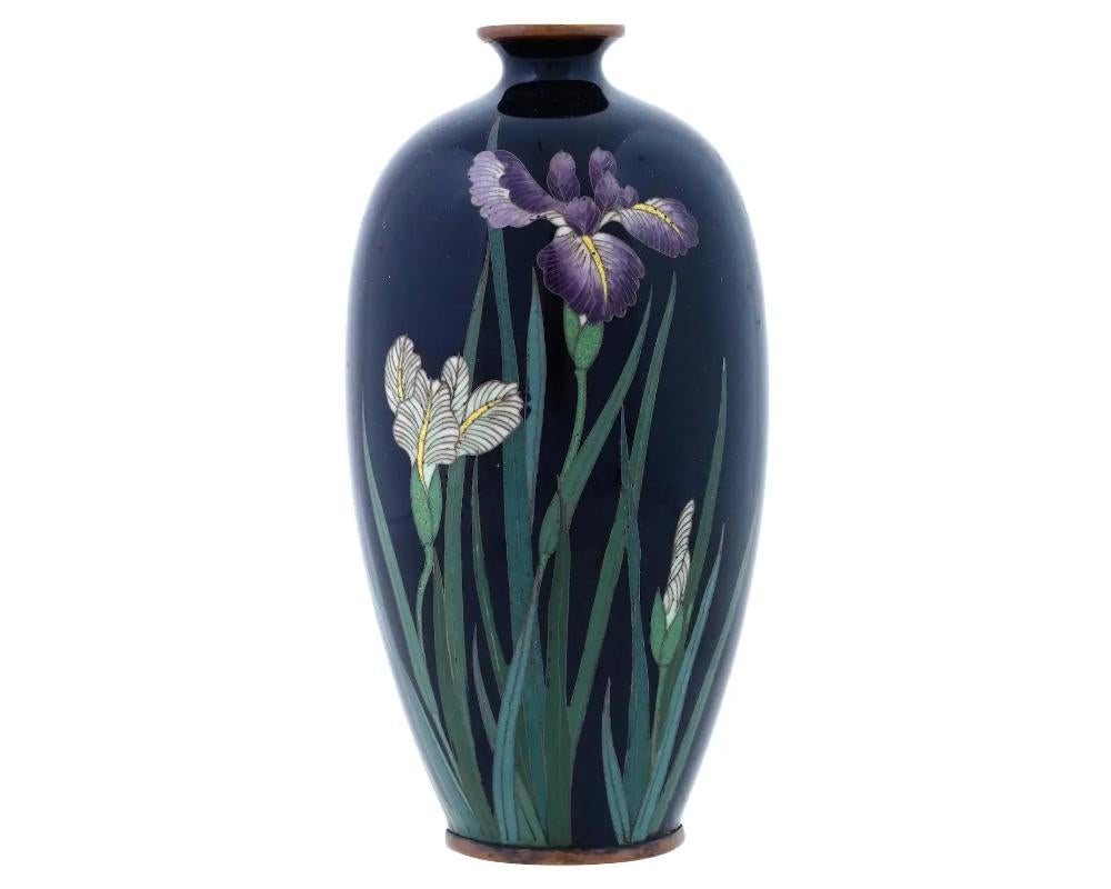 An antique Japanese copper vase with polychrome cloisonne enamel decor. Late Meiji period, before 1912. Ovoid shape with pronounced short neck. The obverse represents iris flowers against the cobalt blue background. High quality. Collectible