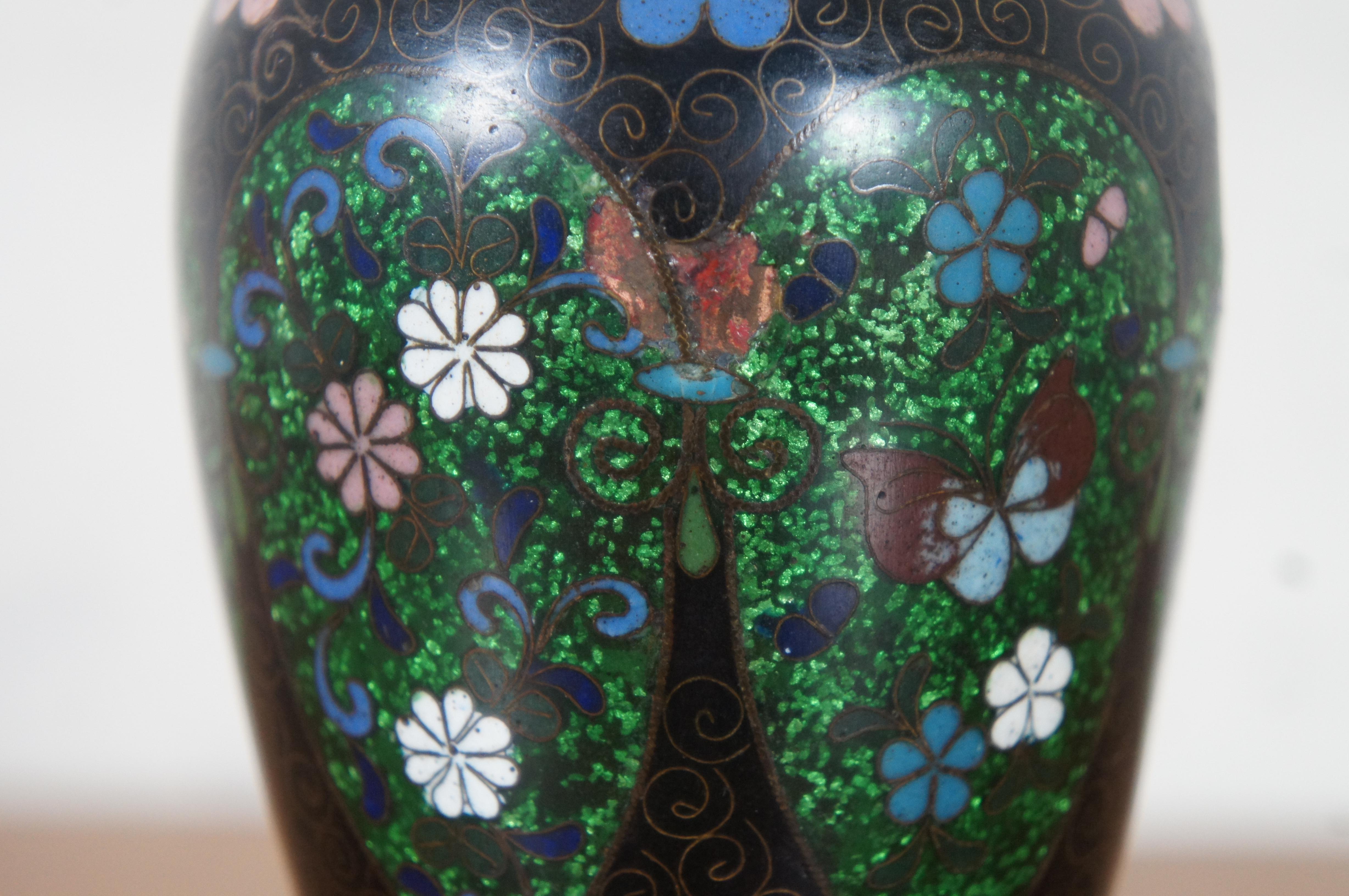 Antique Japanese Meiji Cloisonne Enamel Ginbari Floral Butterfly Bud Vase 2
