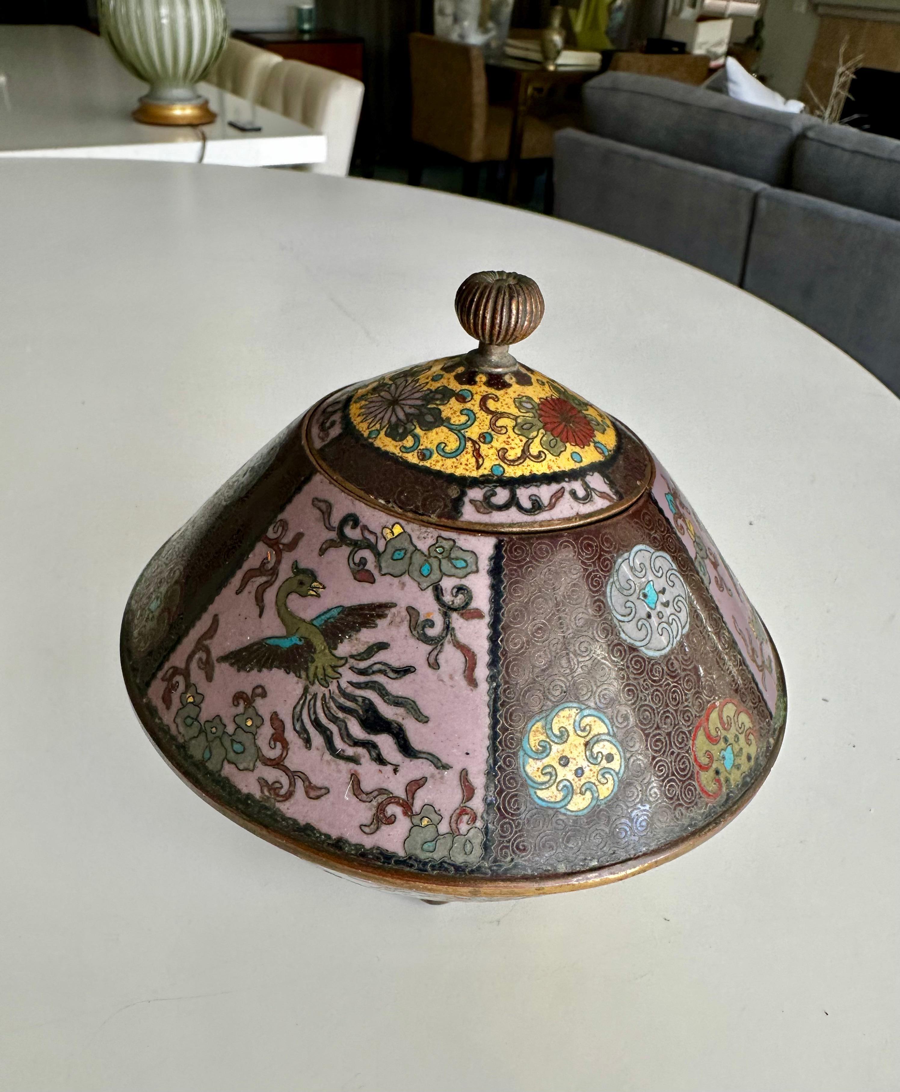 Late 19th Century Antique Japanese Meiji Cloisonne Enamel Lidded Koro Jar For Sale