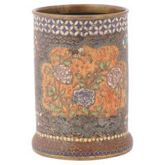 Antique Japanese Meiji Cloisonné Enamel Metal Brush Pot