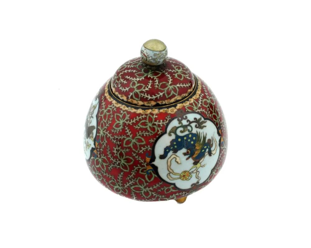 Antiguo Tarro Trípode Japonés Meiji de Cloisonné Esmaltado Cloissoné en venta
