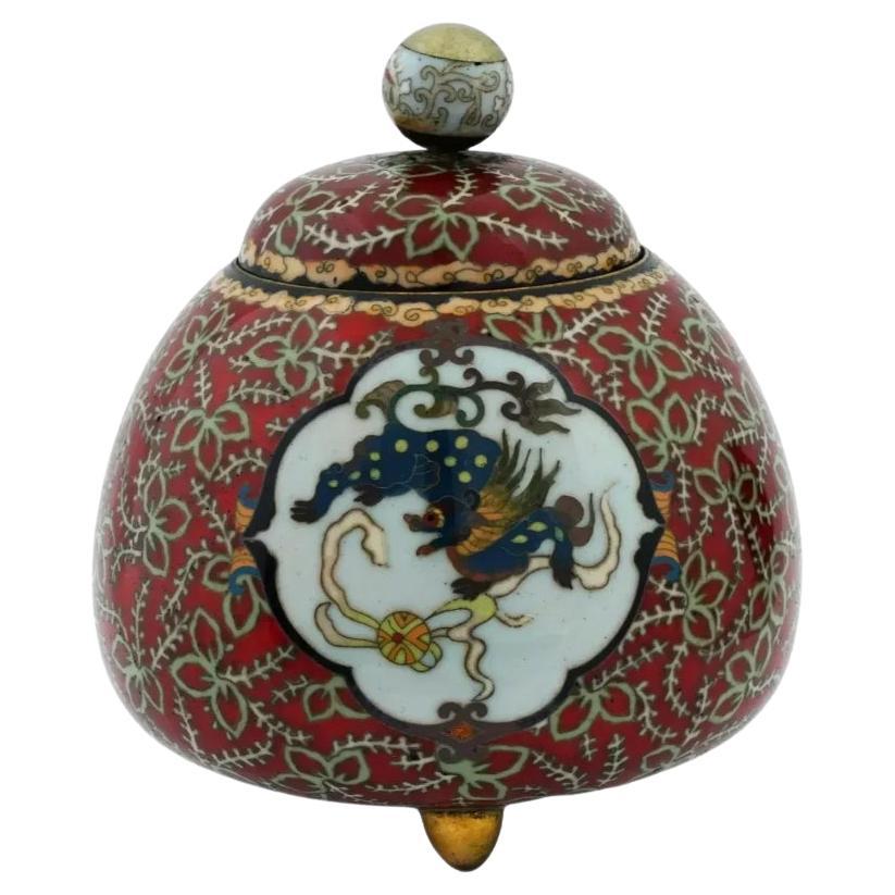 Antiguo Tarro Trípode Japonés Meiji de Cloisonné Esmaltado