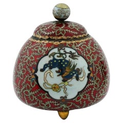 Antiguo Tarro Trípode Japonés Meiji de Cloisonné Esmaltado