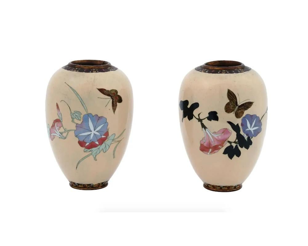Cloissoné A Pair of Barrel Shaped Japanese Meiji Cloisonne Enamel Butterfly Vases For Sale