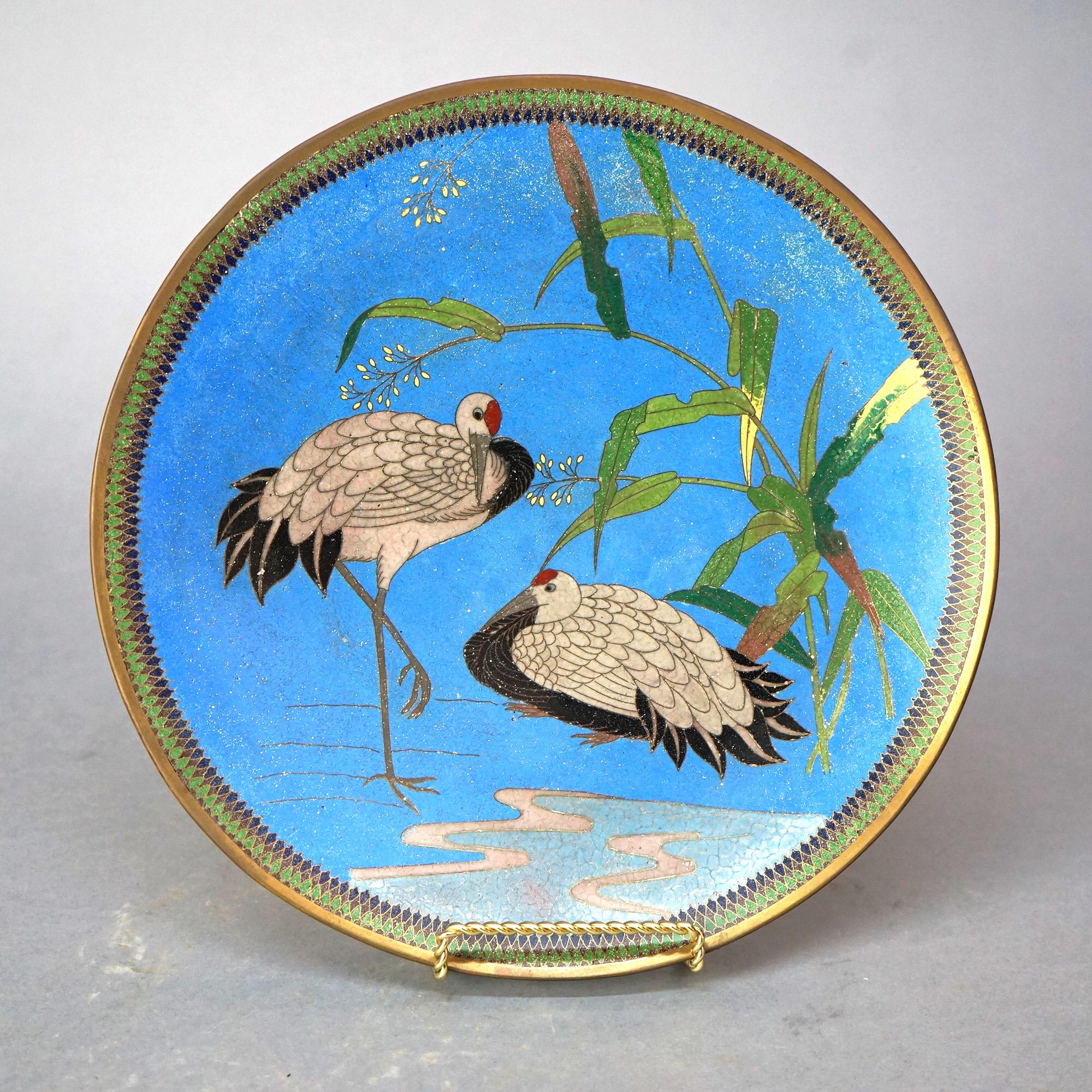 Antique Japanese Meiji Cloisonné Enameled Charger with Marsh Scene & Herons, C1920

Measures - 12