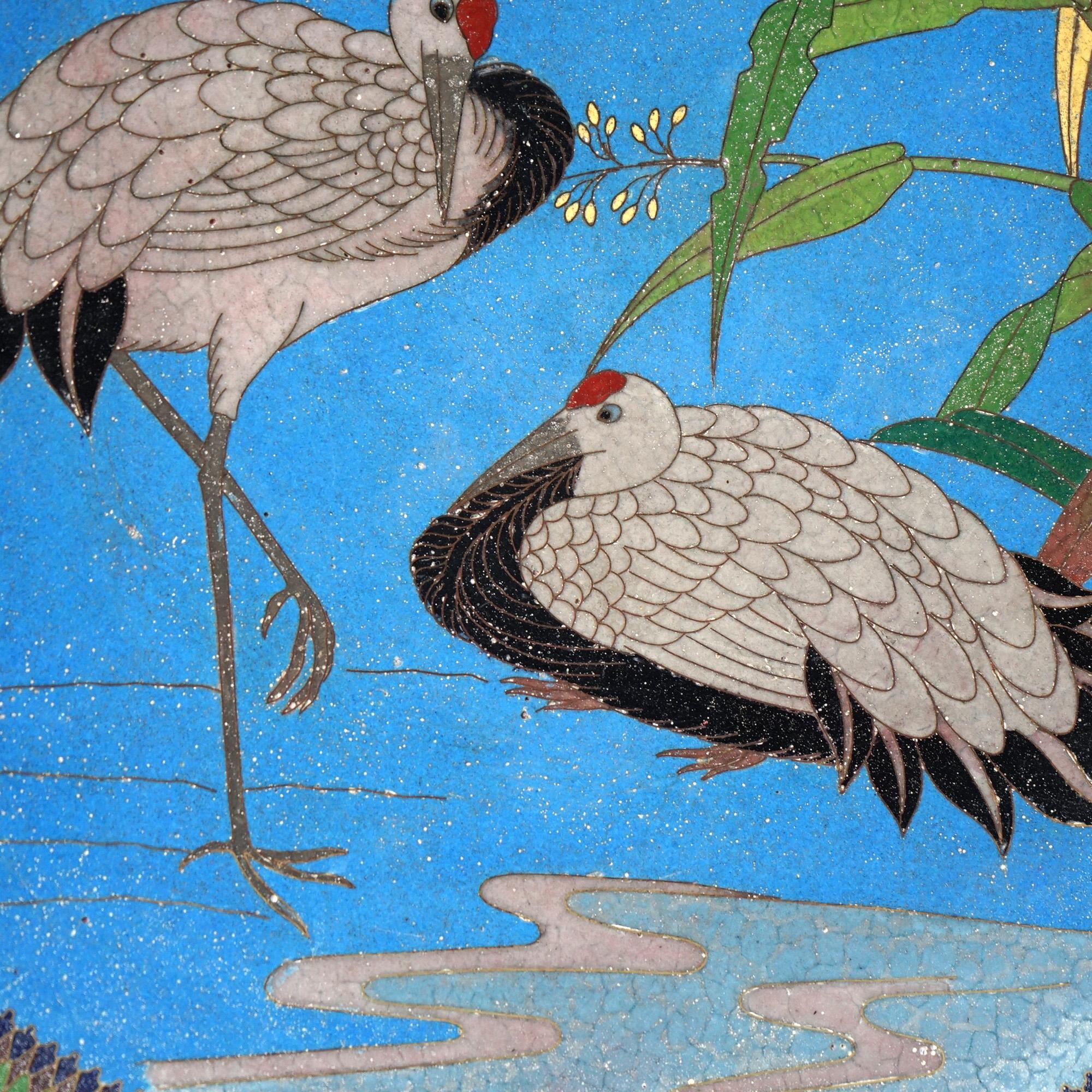 Antique Japanese Meiji Cloisonné Enameled Charger, Marsh Scene & Herons, C1920 In Good Condition For Sale In Big Flats, NY