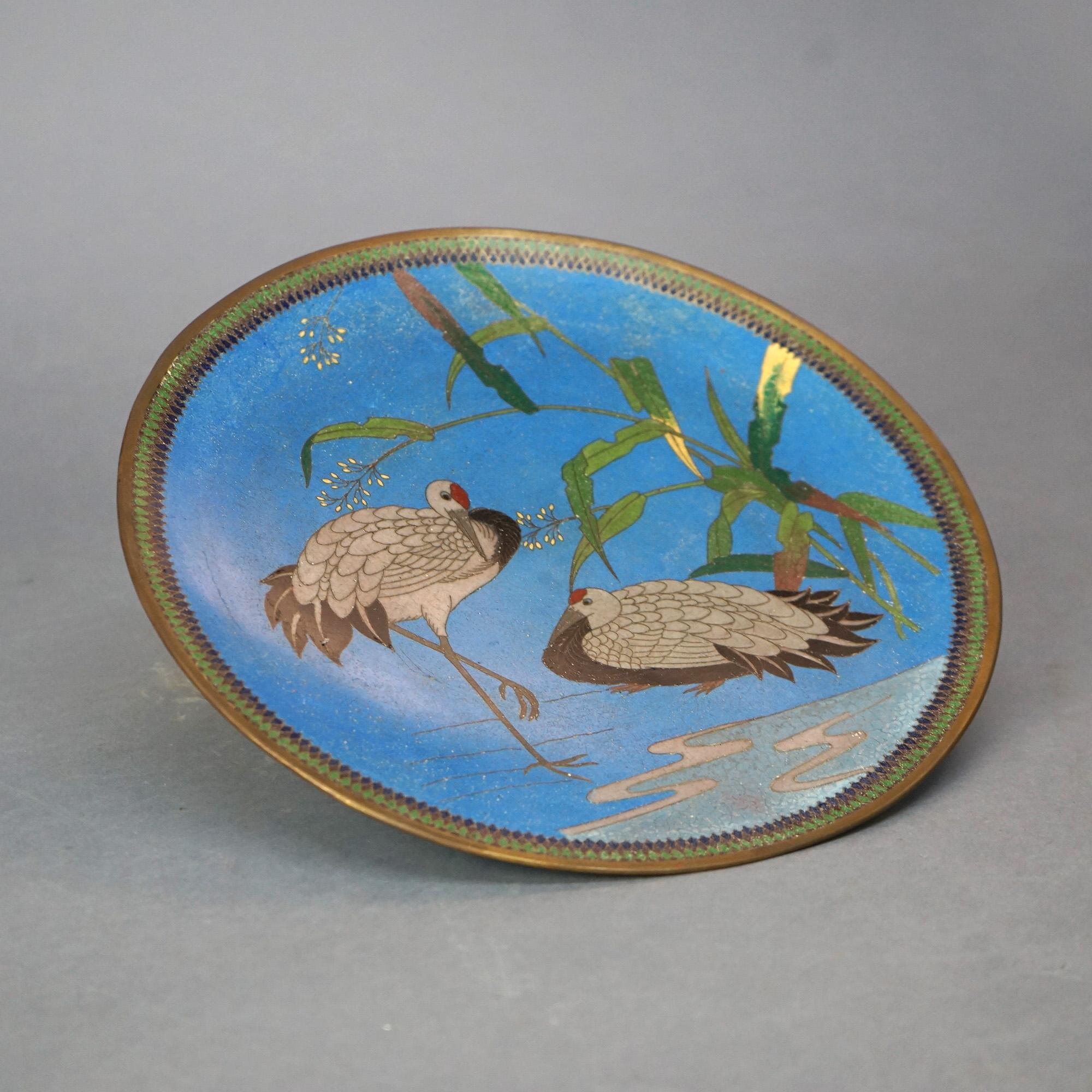 Antique Japanese Meiji Cloisonné Enameled Charger, Marsh Scene & Herons, C1920 1