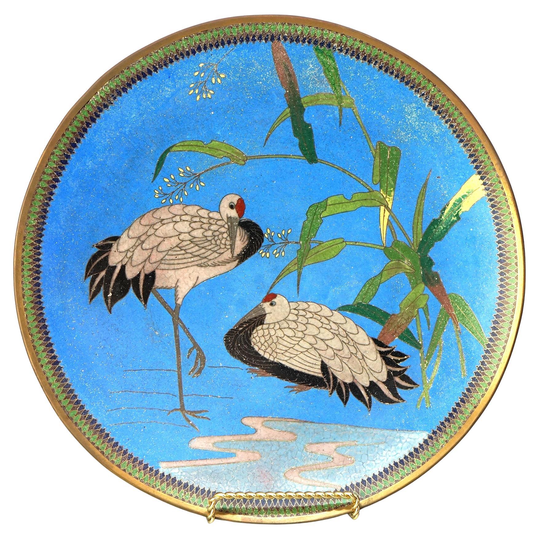 Antique Japanese Meiji Cloisonné Enameled Charger, Marsh Scene 
Herons, C1920