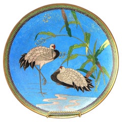 Antique Japanese Meiji Cloisonné Enameled Charger, Marsh Scene & Herons, C1920