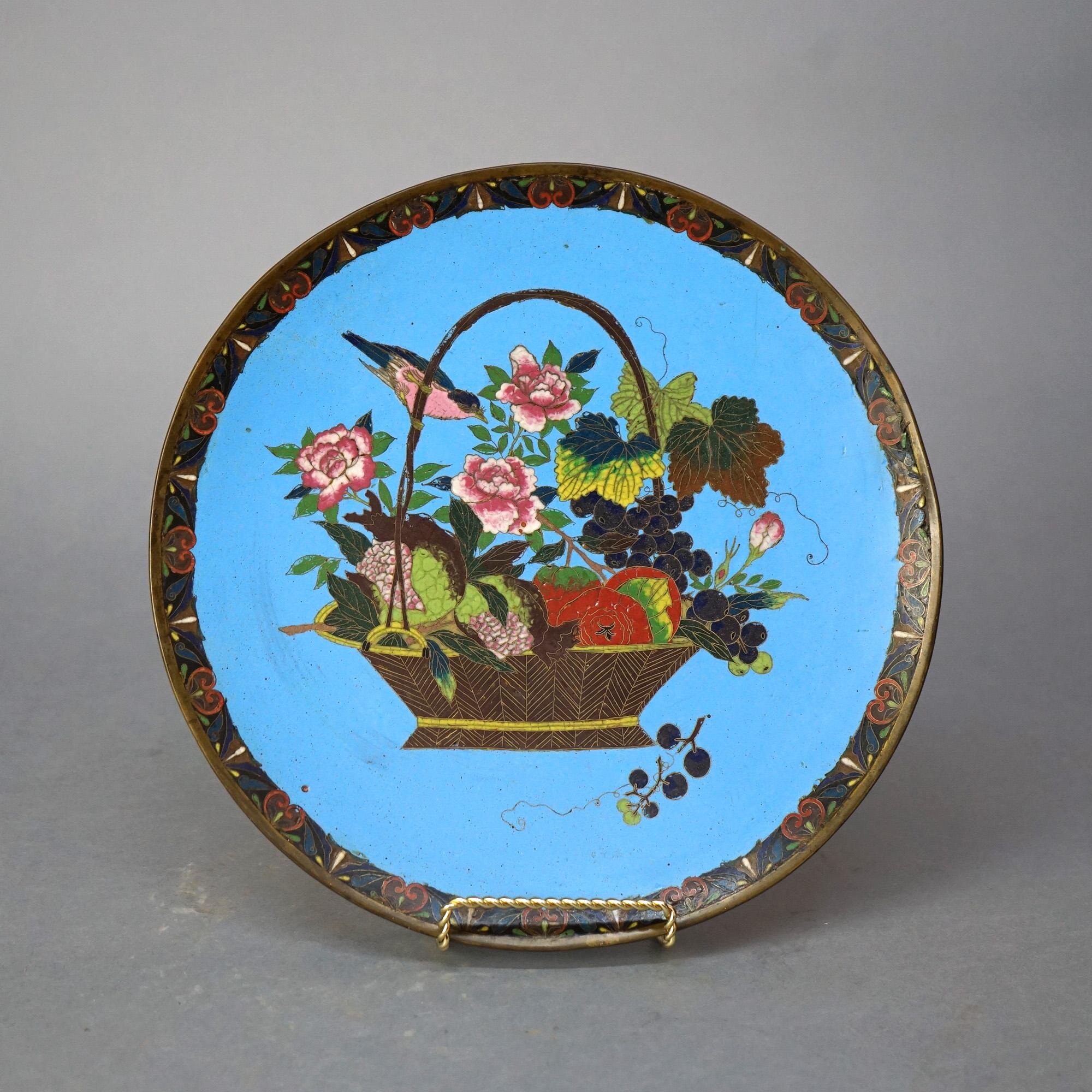 Antique Japanese Meiji Cloisonné Enameled Charger with Basket of Flowers & Birds C1920

Measures - 12