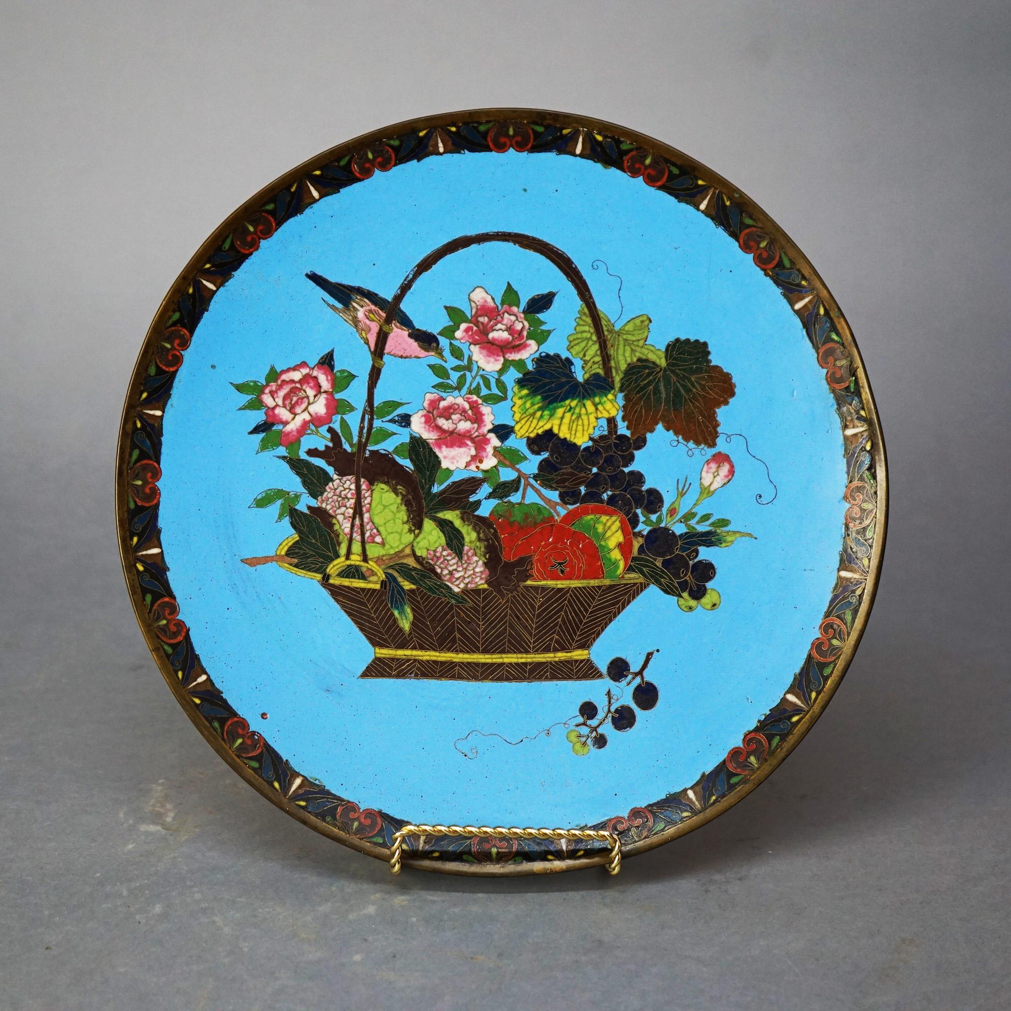 Cloissoné Antique Japanese Meiji Cloisonné Enameled Charger with Basket of Flowers C1920 For Sale