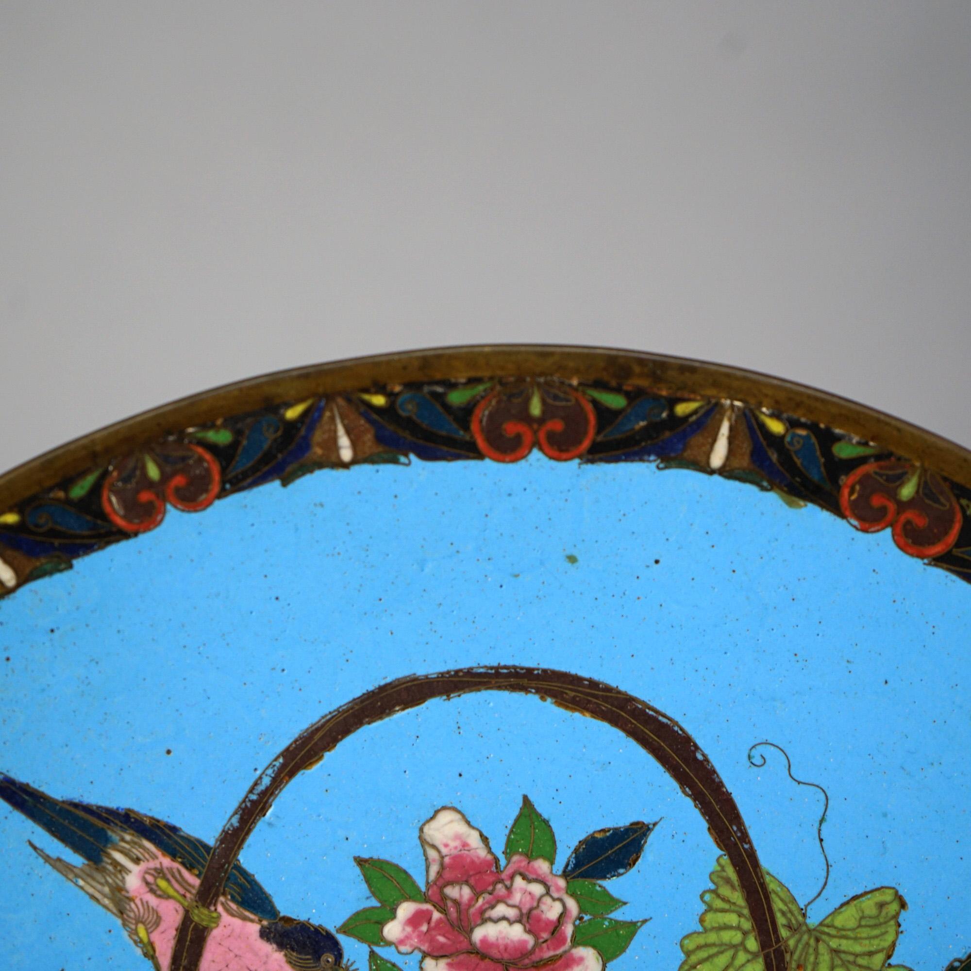 Metal Antique Japanese Meiji Cloisonné Enameled Charger with Basket of Flowers C1920 For Sale