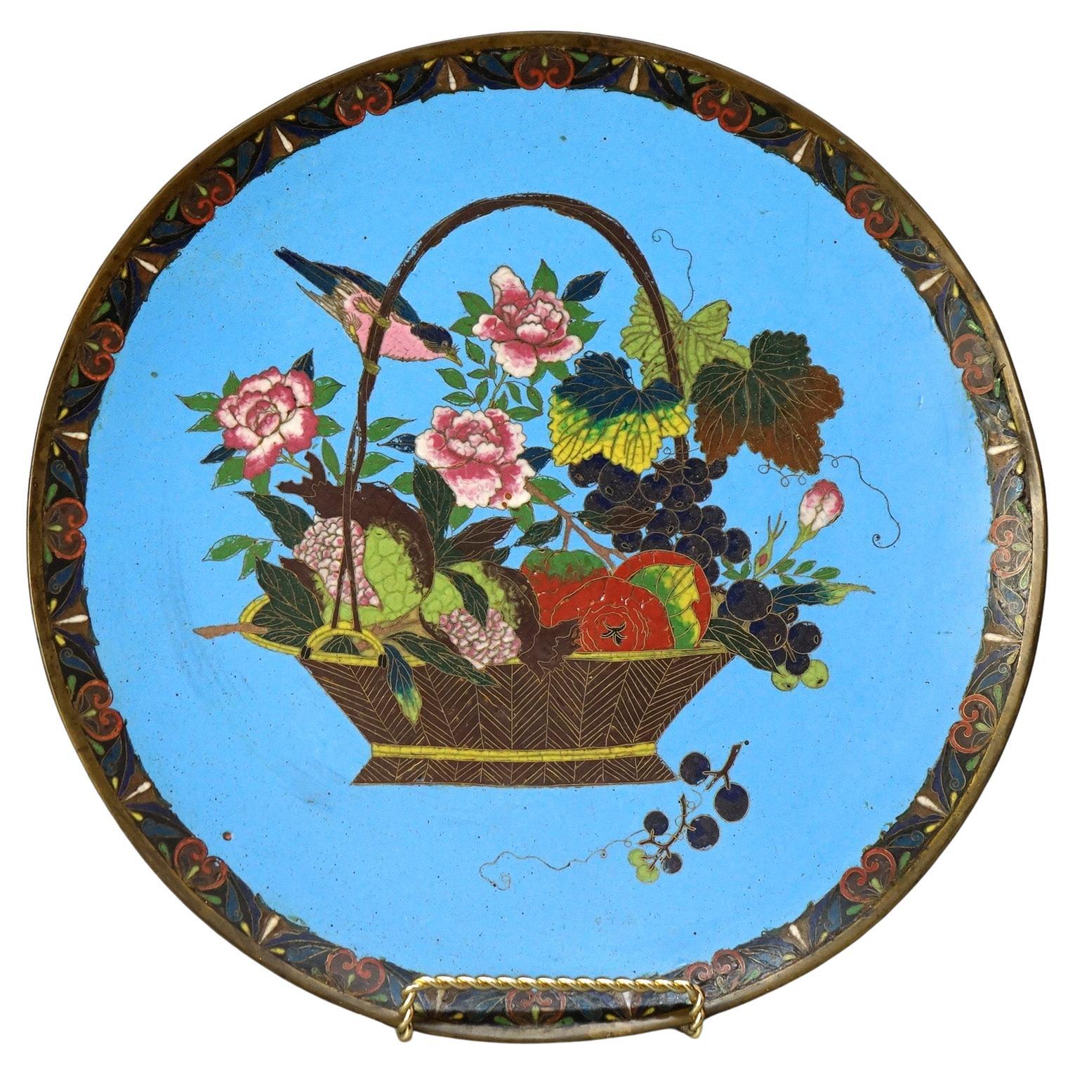 Antique Japanese Meiji Cloisonné Enameled Charger with Basket of Flowers C1920 For Sale