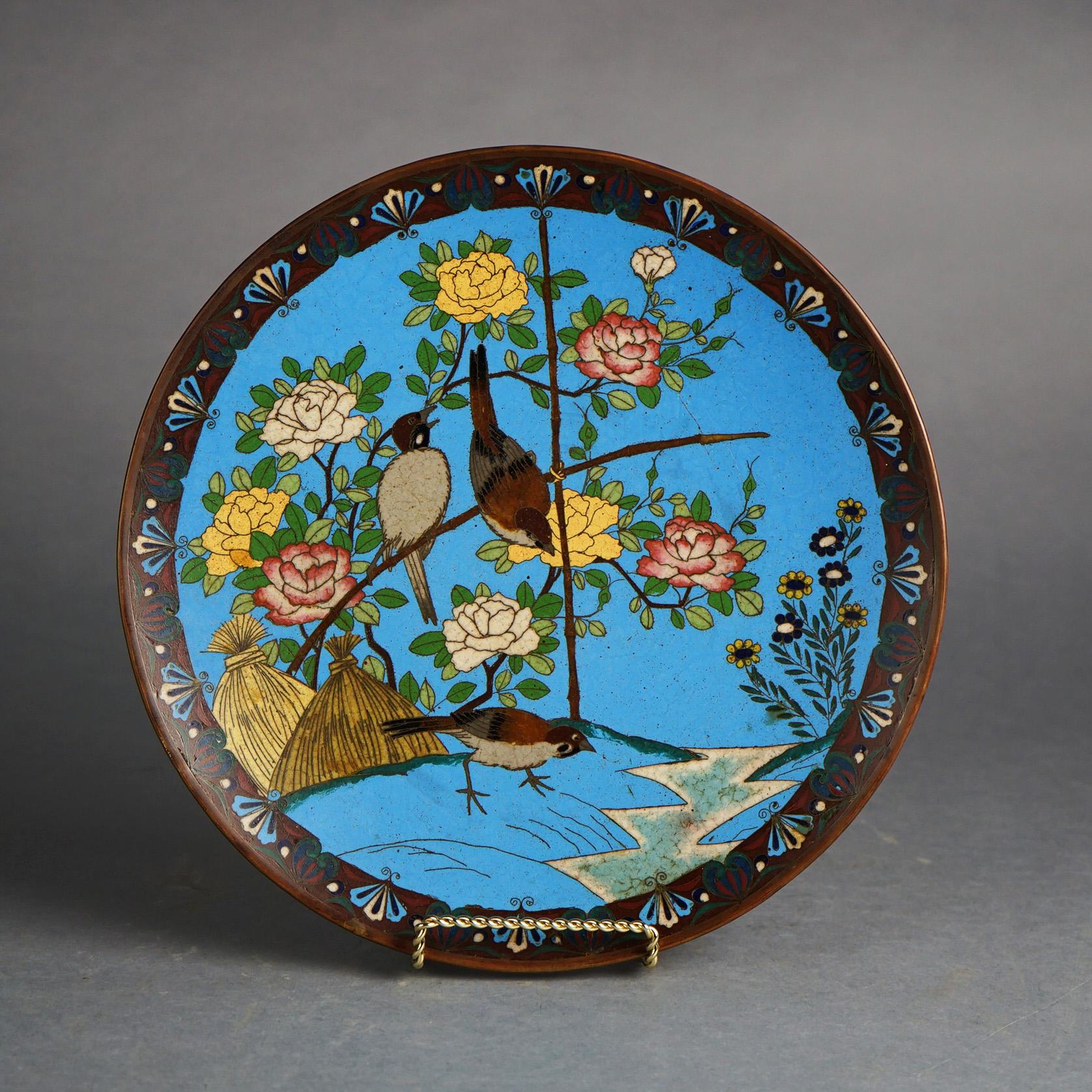 Cloissoné Antique Japanese Meiji Cloisonné Enameled Charger with Birds & Flowers C1920 For Sale