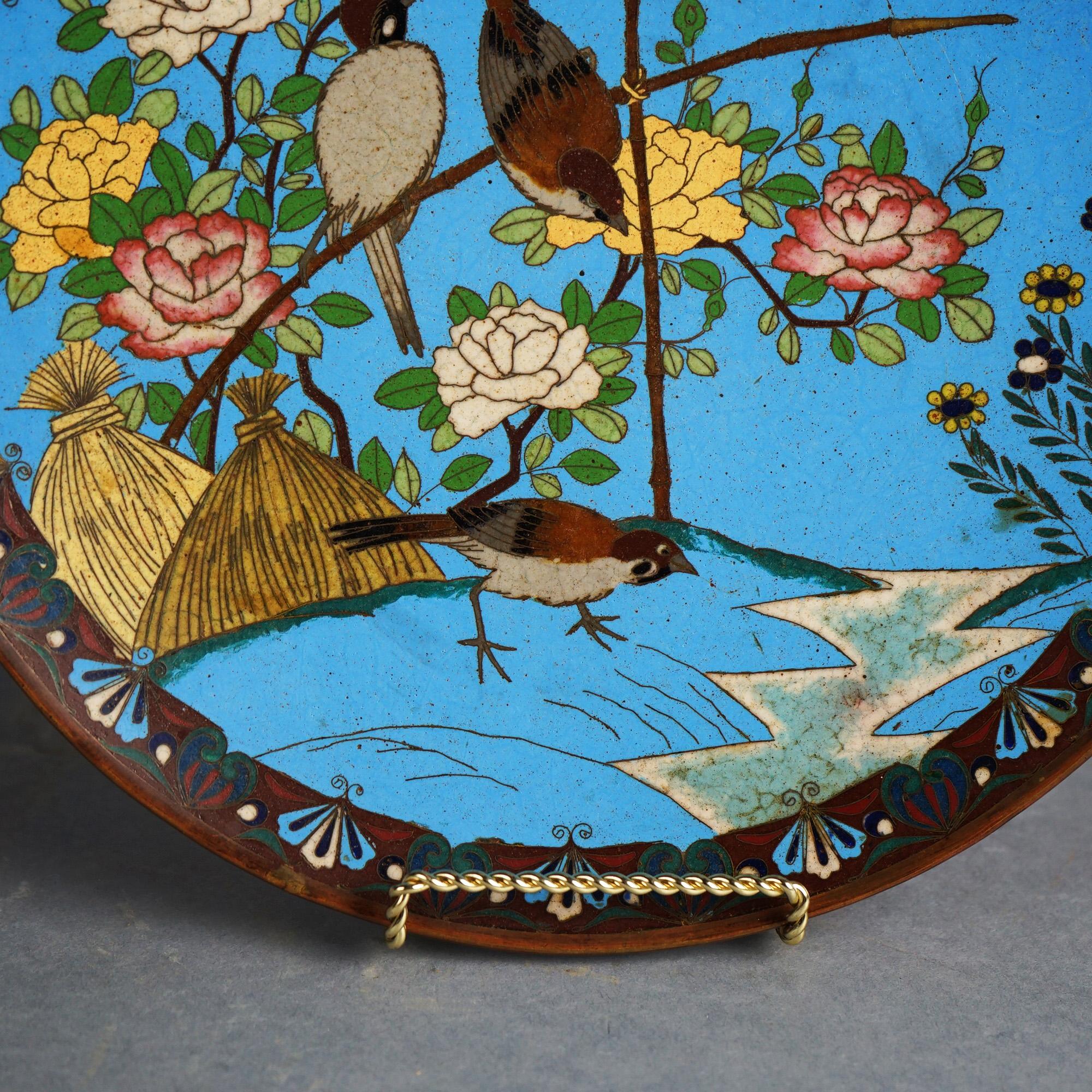 Antique Japanese Meiji Cloisonné Enameled Charger with Birds & Flowers C1920 In Good Condition For Sale In Big Flats, NY
