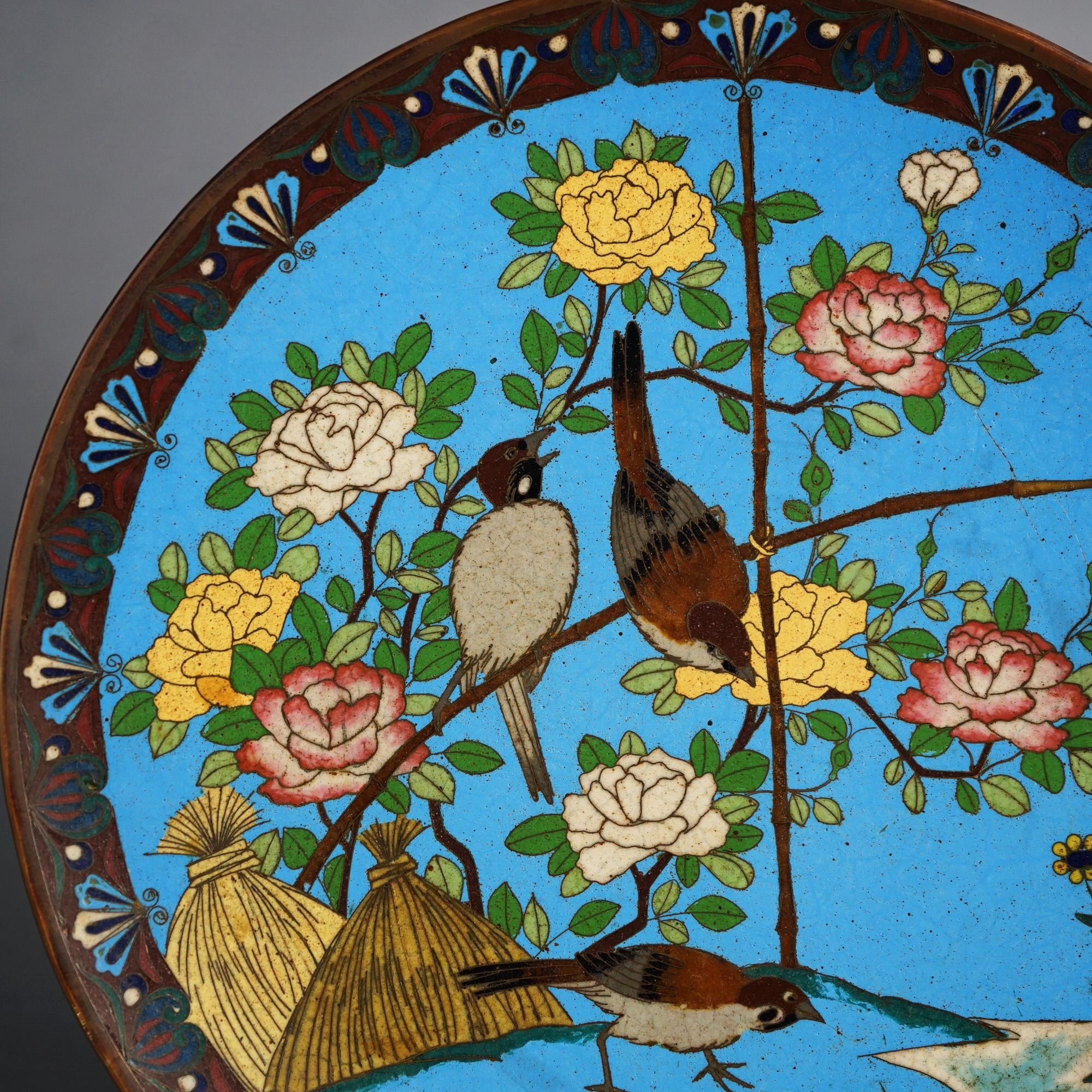 20th Century Antique Japanese Meiji Cloisonné Enameled Charger with Birds & Flowers C1920 For Sale