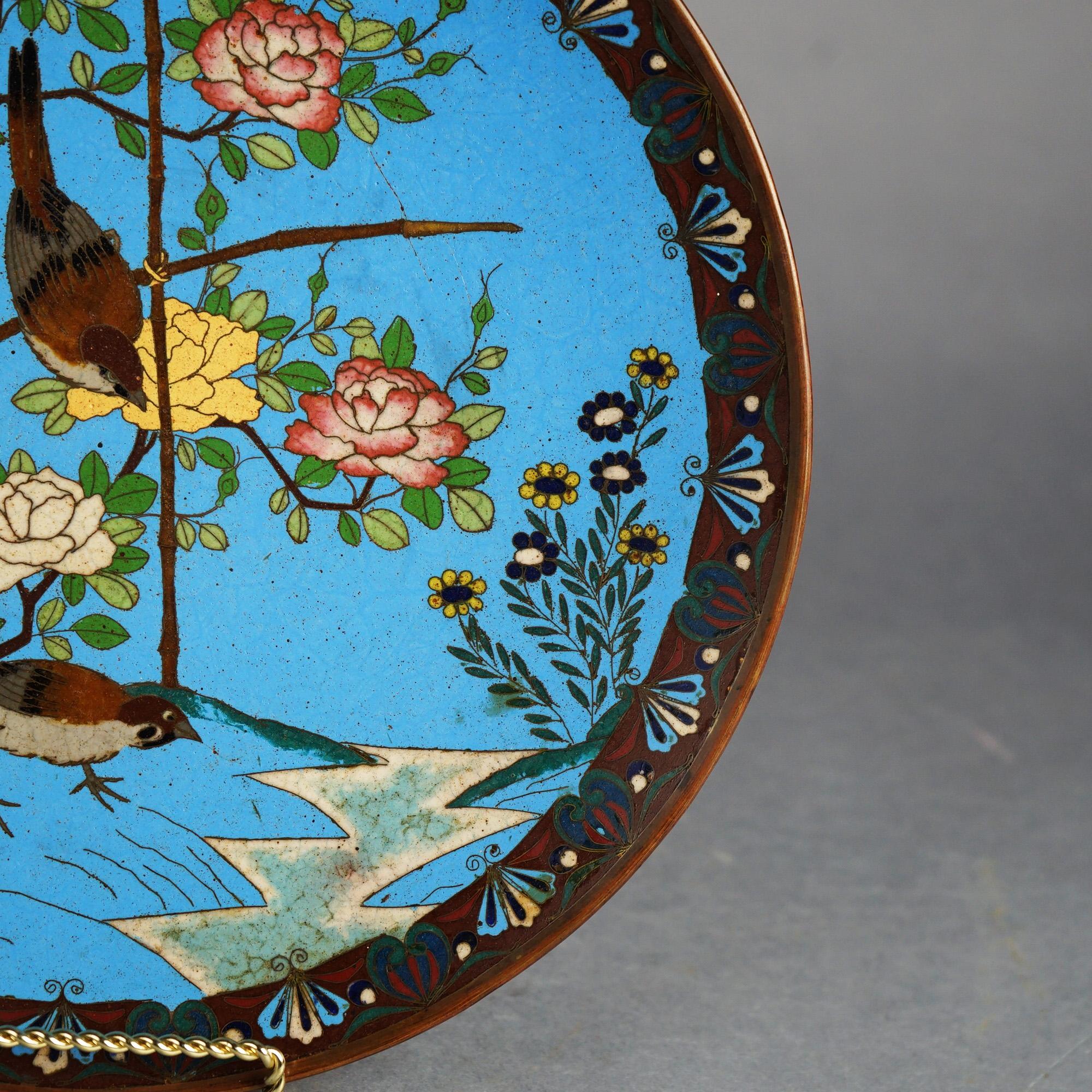 Metal Antique Japanese Meiji Cloisonné Enameled Charger with Birds & Flowers C1920 For Sale