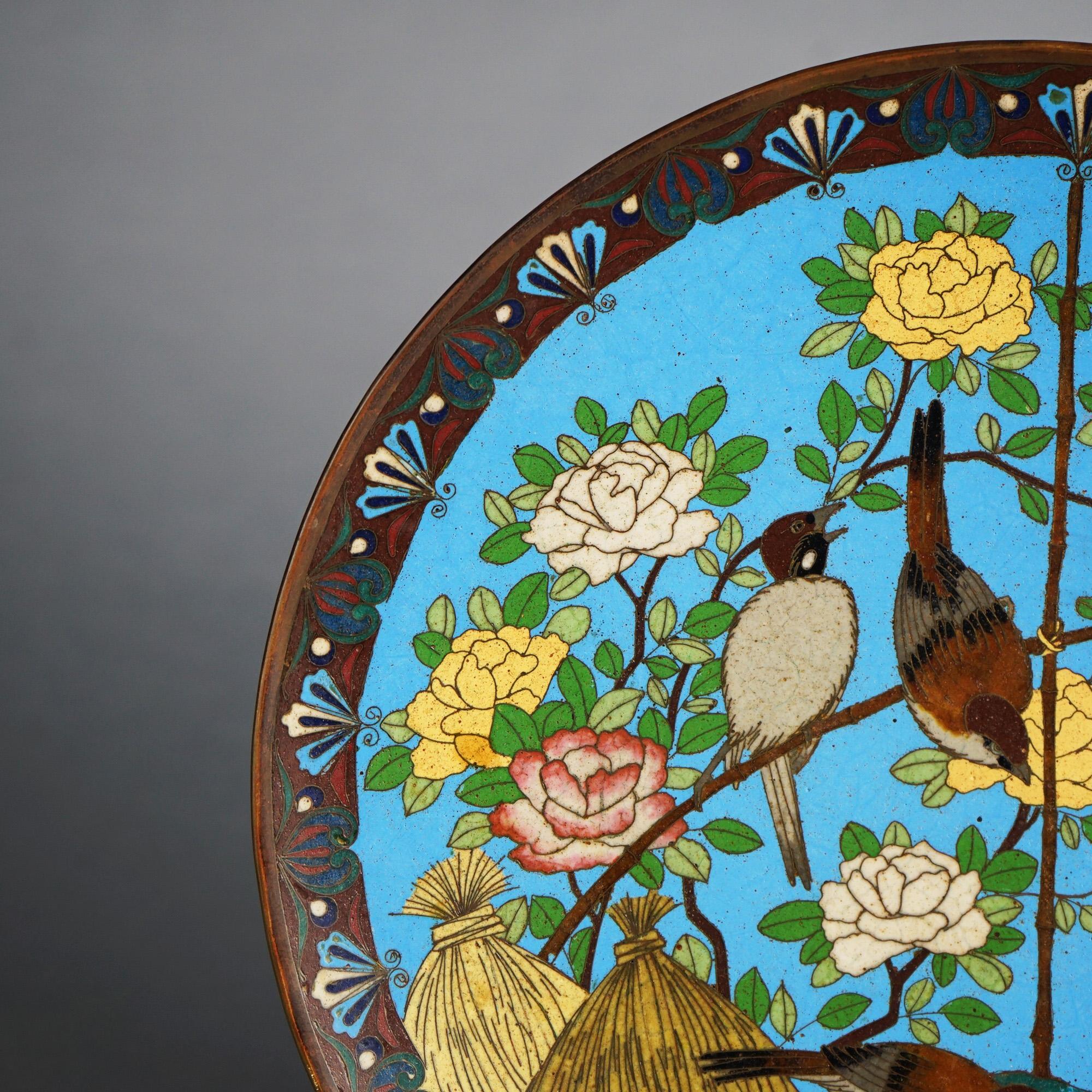 Antique Japanese Meiji Cloisonné Enameled Charger with Birds & Flowers C1920 For Sale 1