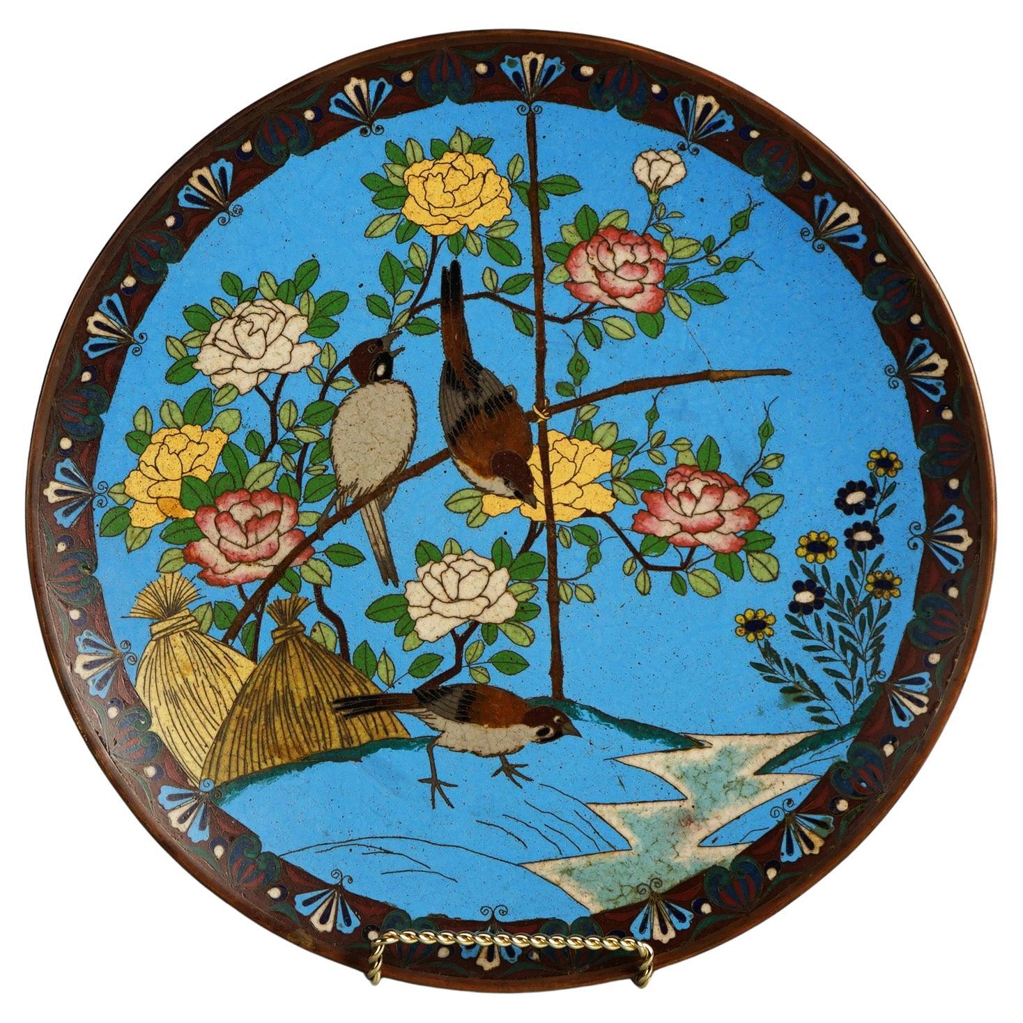 Antique Japanese Meiji Cloisonné Enameled Charger with Birds & Flowers C1920 For Sale