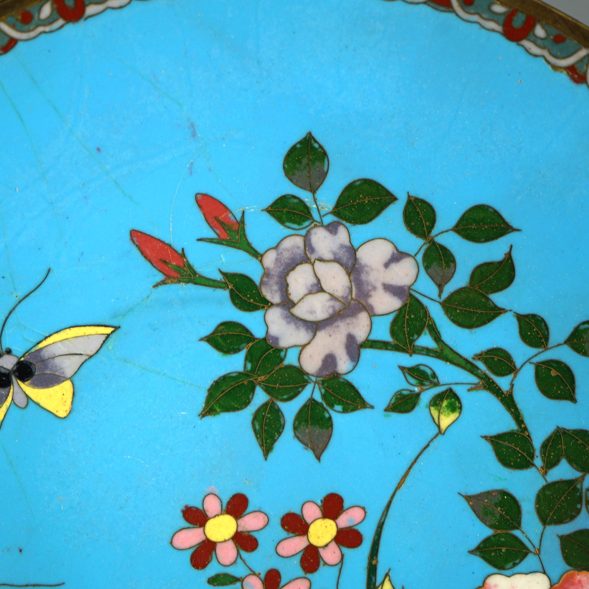 Antique Japanese Meiji Cloisonné Enameled Charger with Butterfly & Flowers C1920 In Good Condition For Sale In Big Flats, NY