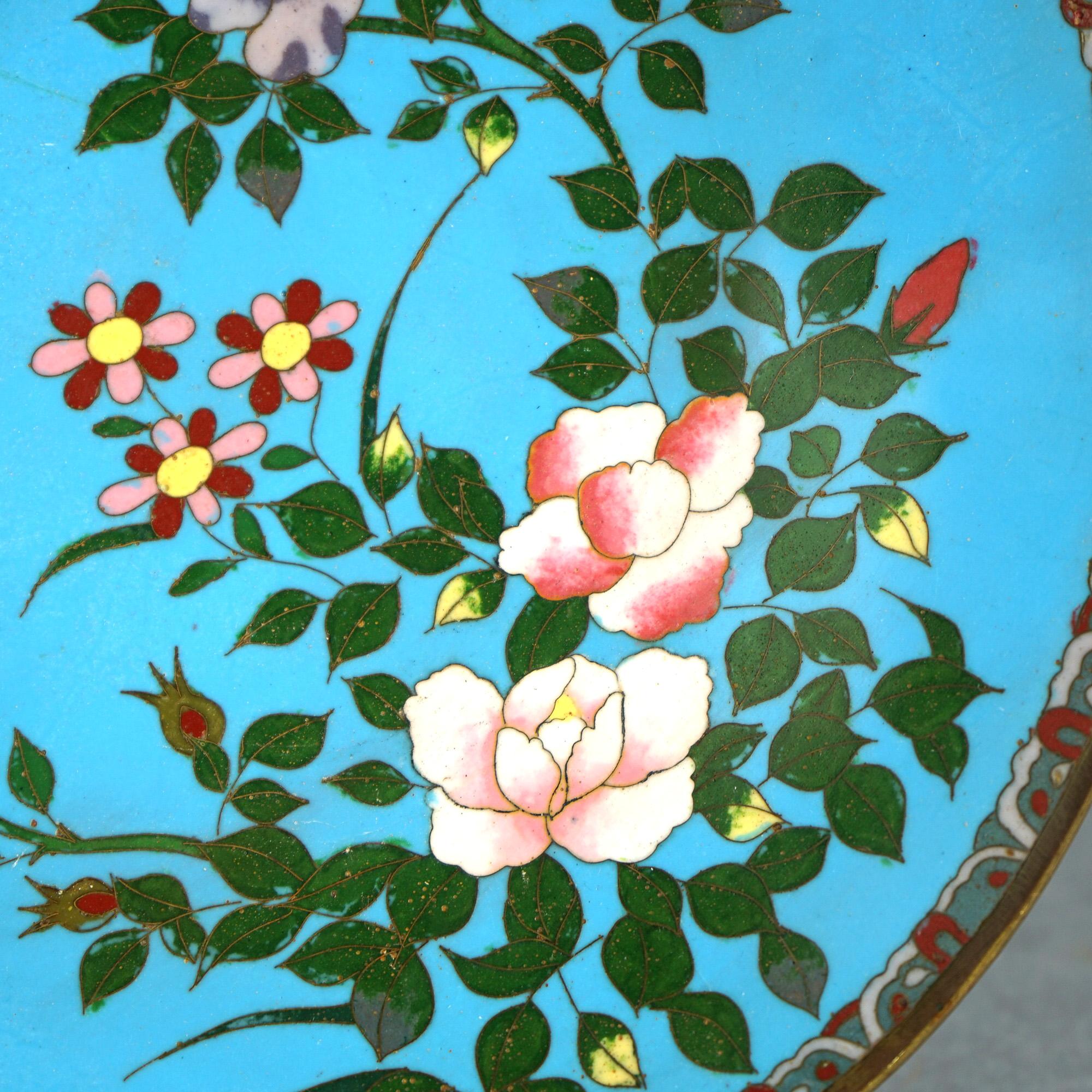 20th Century Antique Japanese Meiji Cloisonné Enameled Charger with Butterfly & Flowers C1920 For Sale