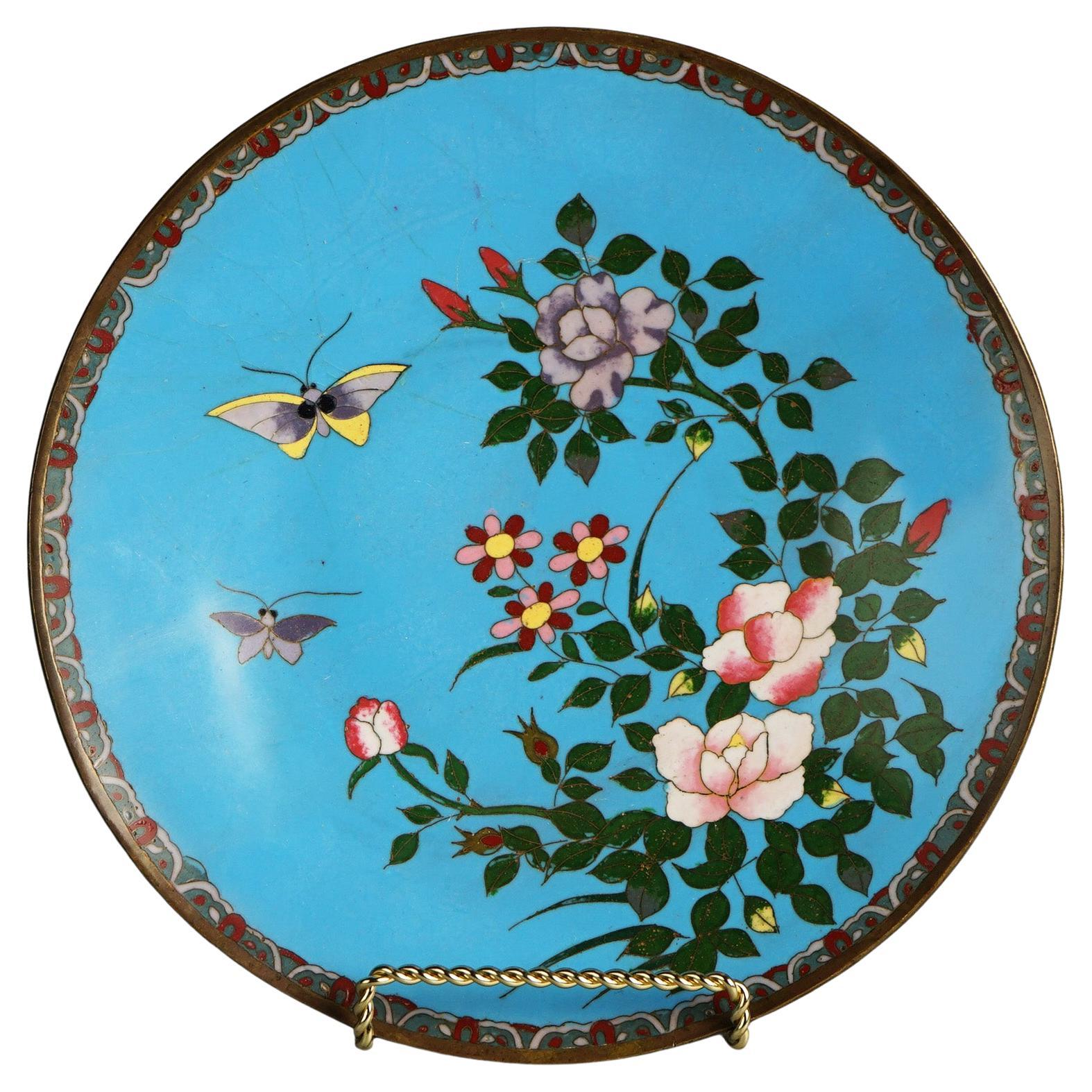 Antique Japanese Meiji Cloisonné Enameled Charger with Butterfly & Flowers C1920 For Sale