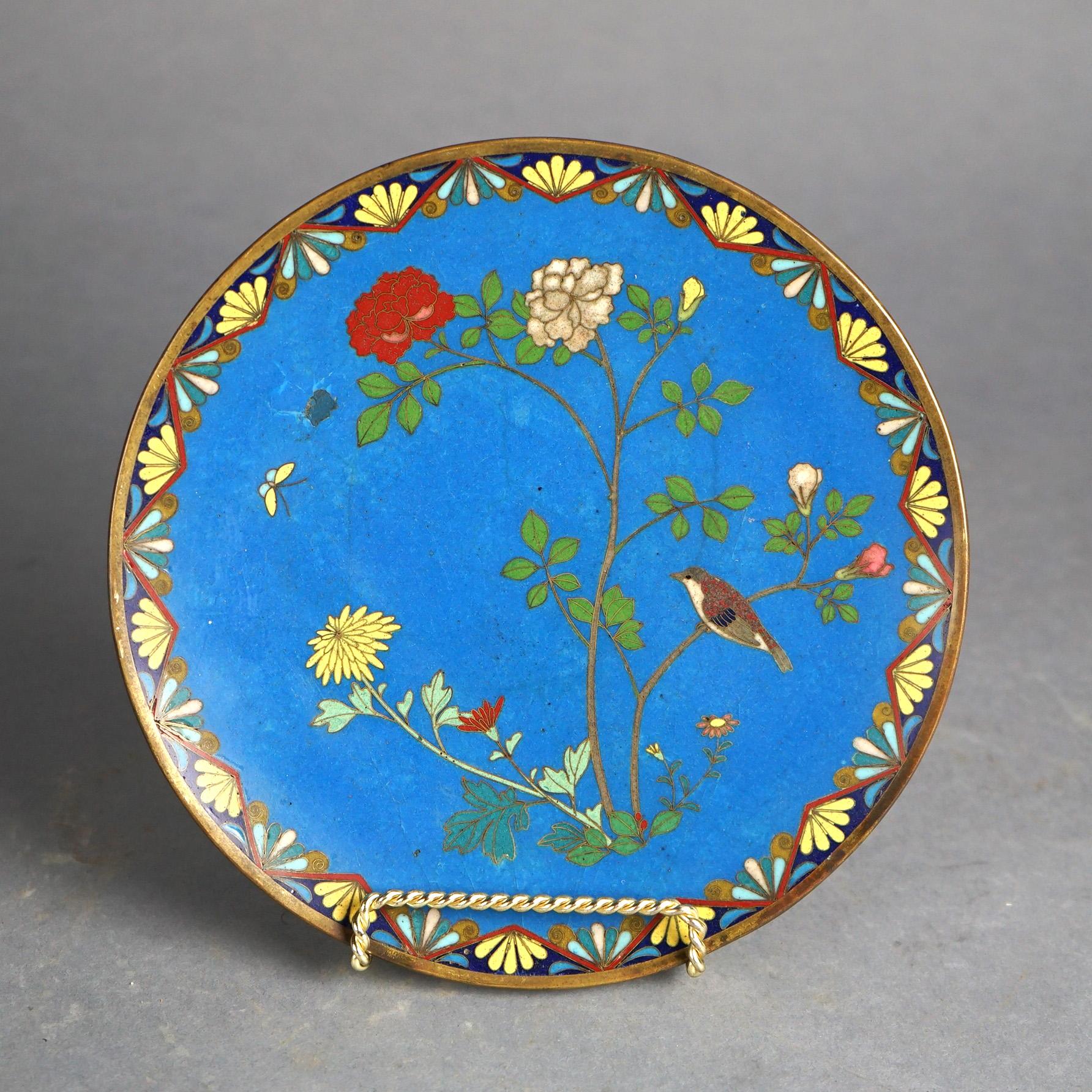 Antique Japanese Meiji Cloisonné Enameled Charger with Garden Flowers, Butterfly & Bird C1920

Measures - 12.25