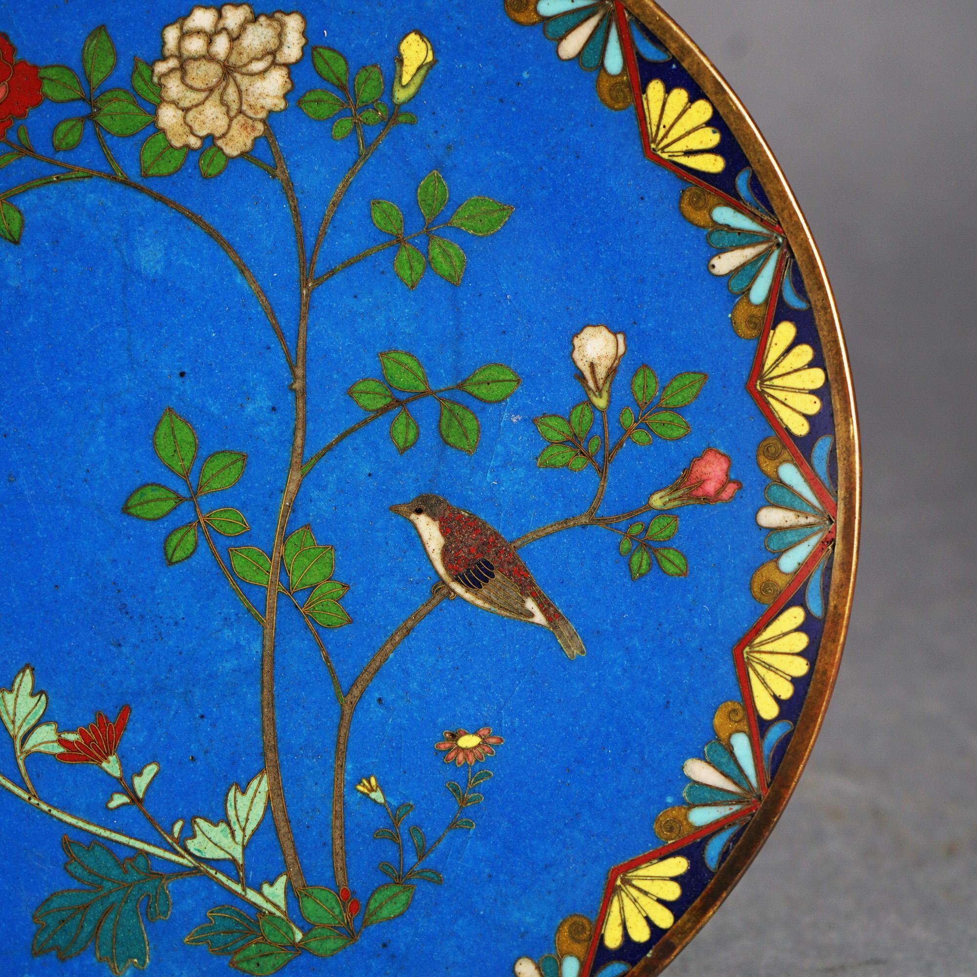 Antique Japanese Meiji Cloisonné Enameled Charger with Flowers & Bird C1920 In Good Condition For Sale In Big Flats, NY
