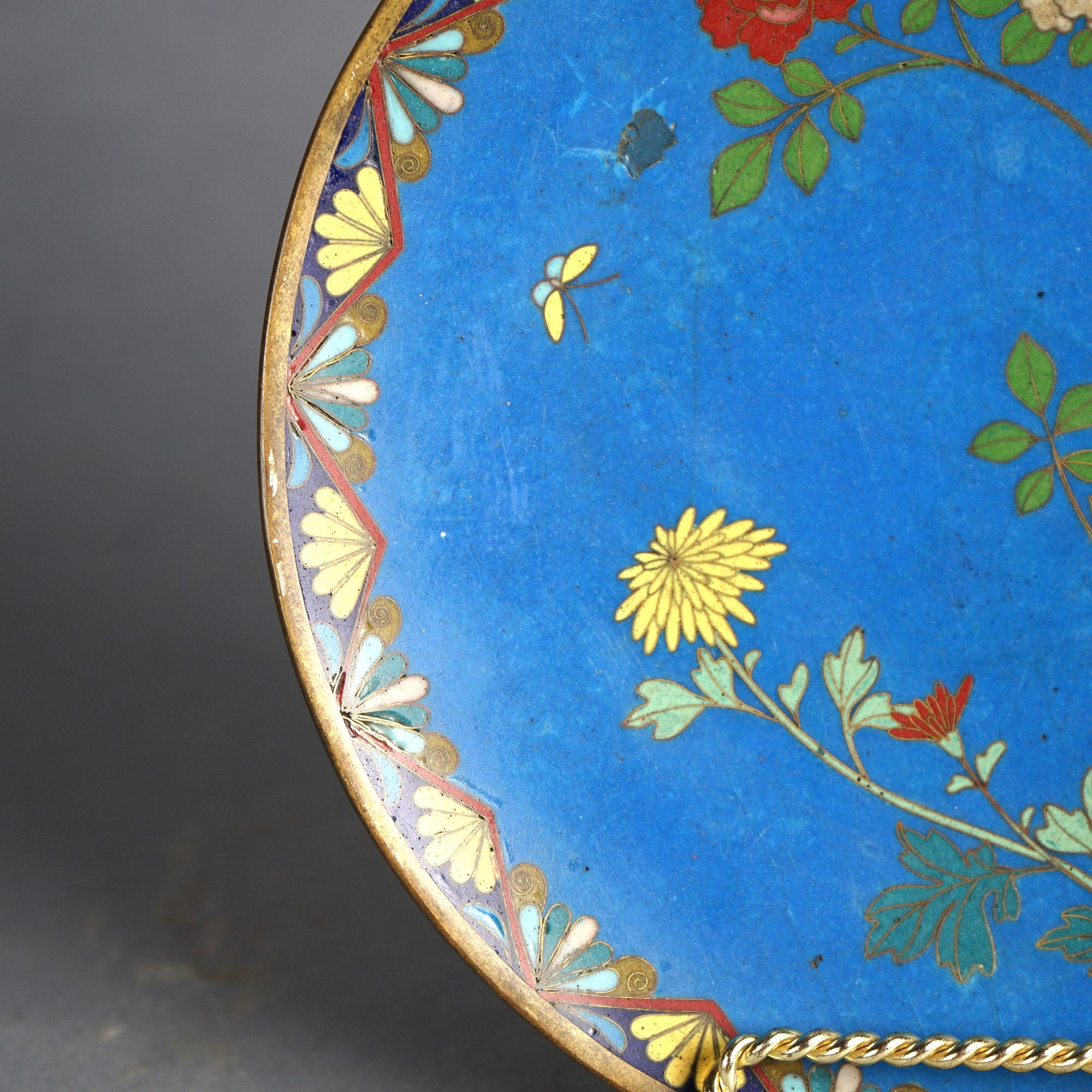 20th Century Antique Japanese Meiji Cloisonné Enameled Charger with Flowers & Bird C1920 For Sale
