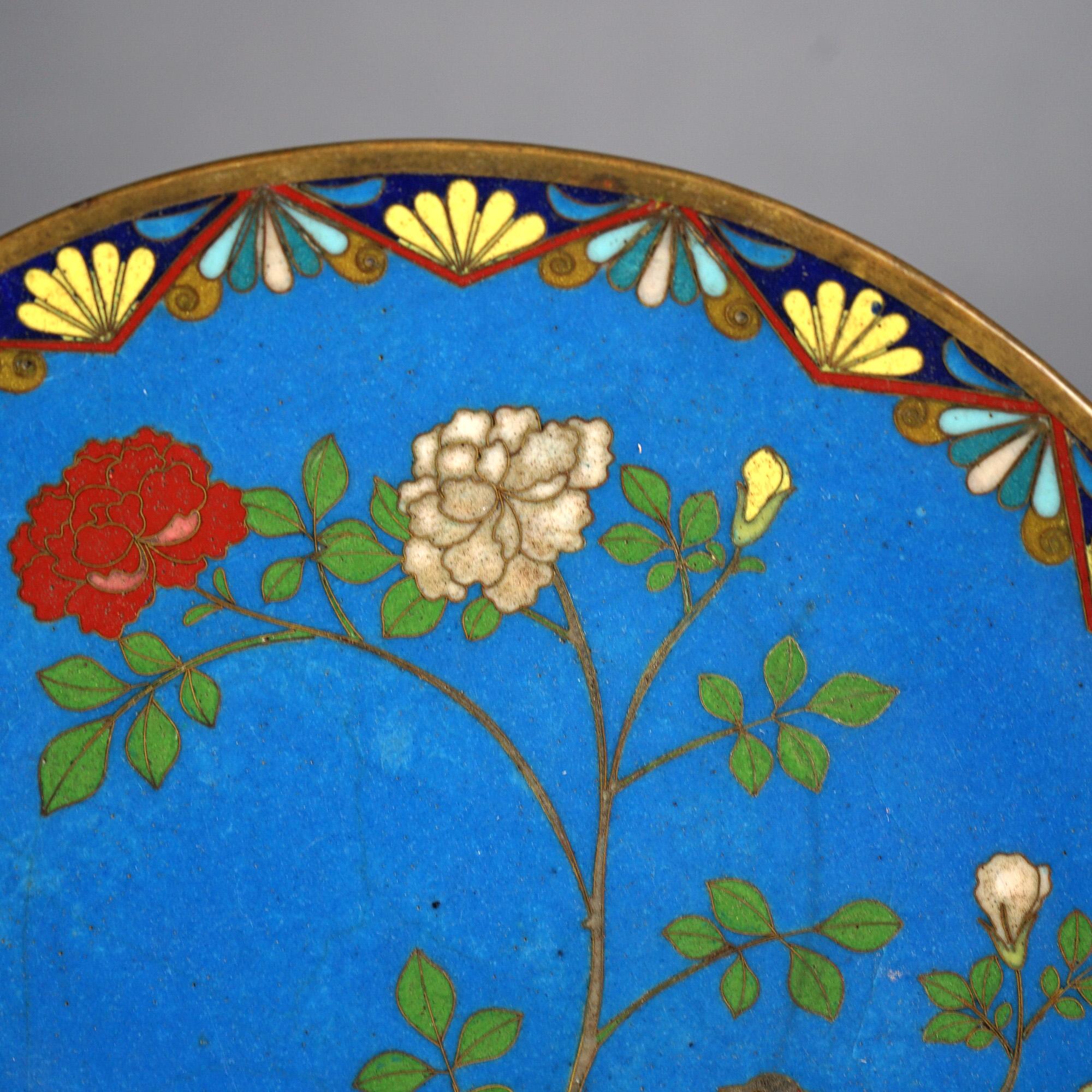 Metal Antique Japanese Meiji Cloisonné Enameled Charger with Flowers & Bird C1920 For Sale