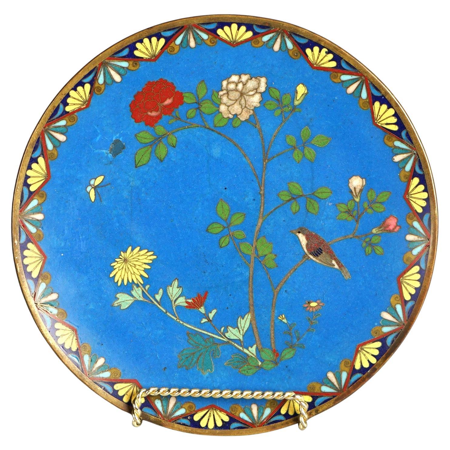 Antique Japanese Meiji Cloisonné Enameled Charger with Flowers & Bird C1920 For Sale