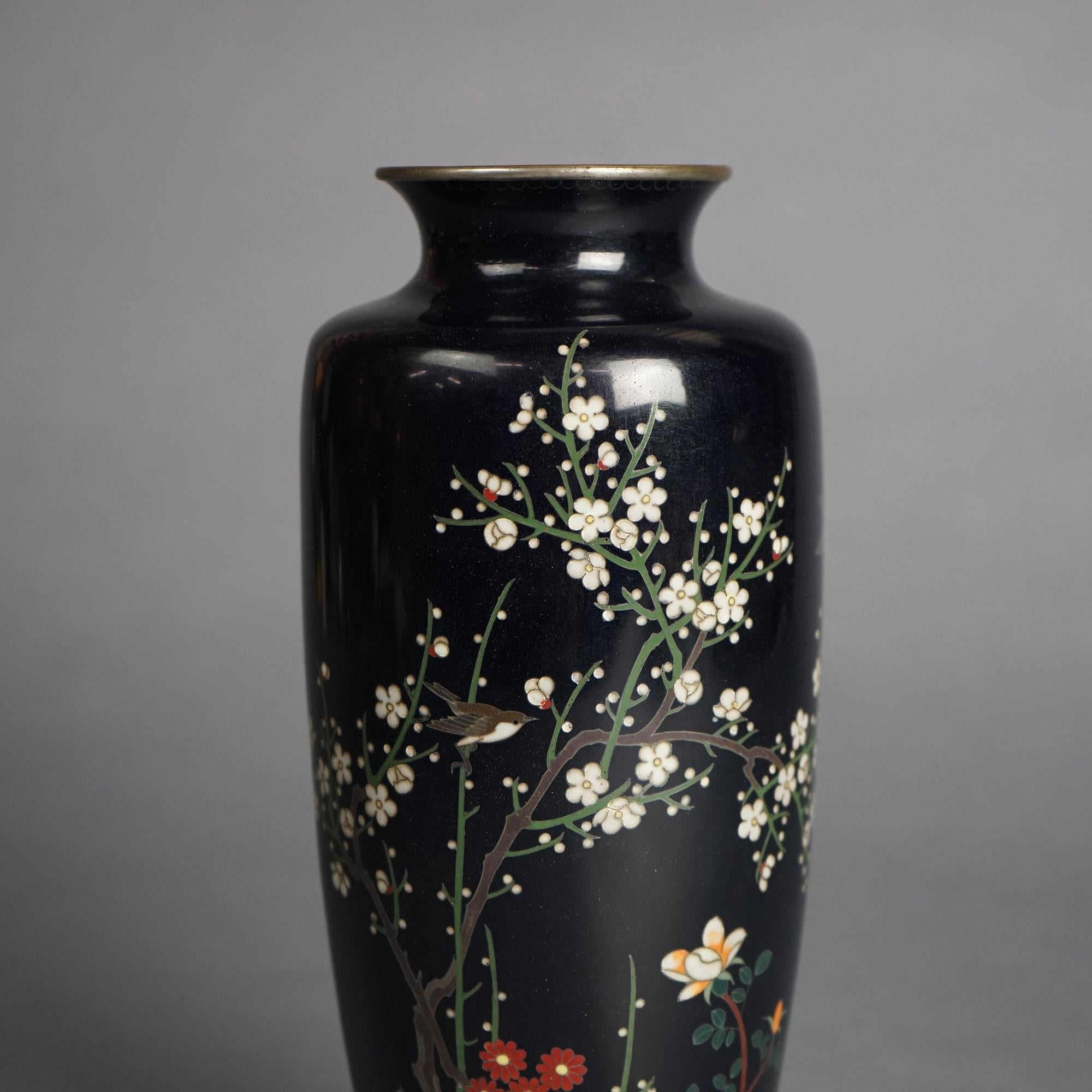 Asian Antique Japanese Meiji Cloisonne Enameled Garden Scene Vase C1920 For Sale