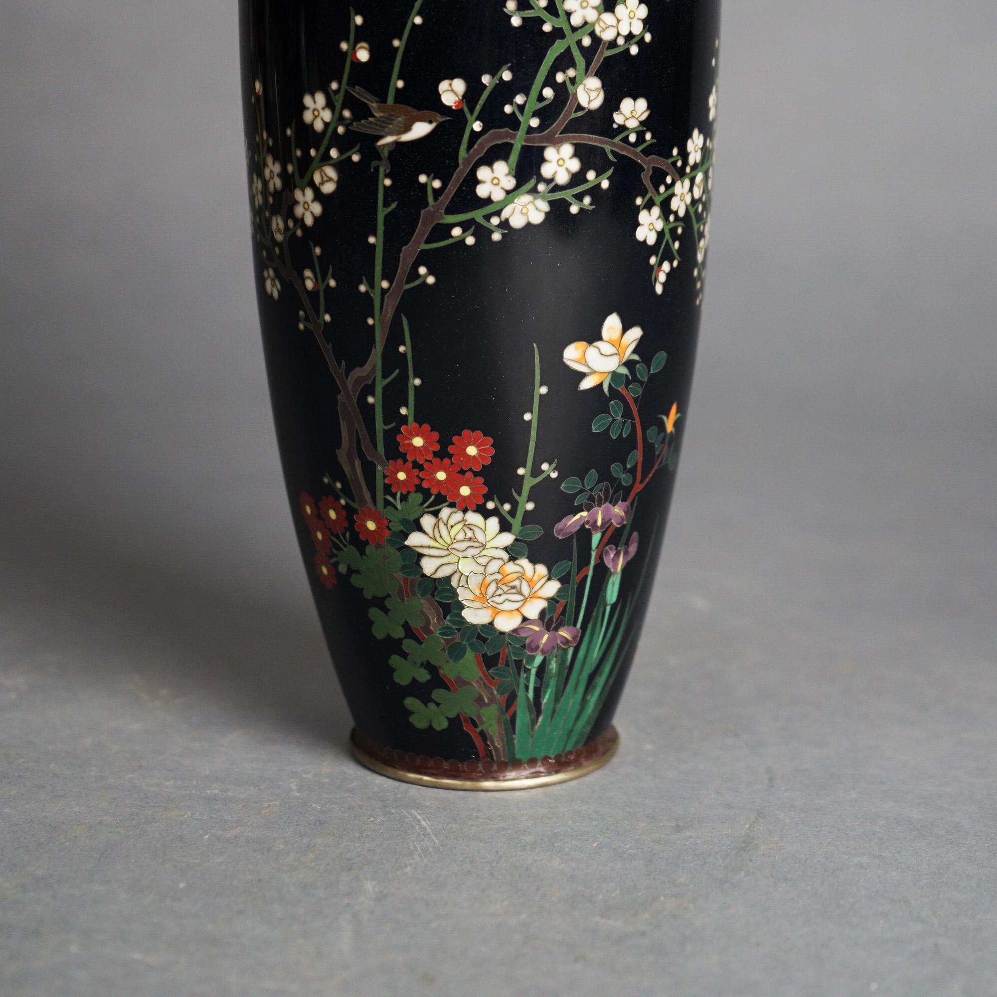 Cloissoné Antique Japanese Meiji Cloisonne Enameled Garden Scene Vase C1920 For Sale