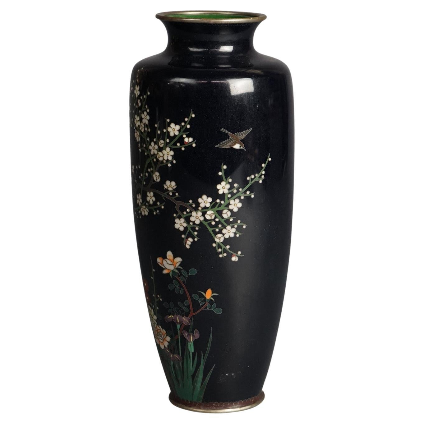 Antique Japanese Meiji Cloisonne Enameled Garden Scene Vase C1920 For Sale