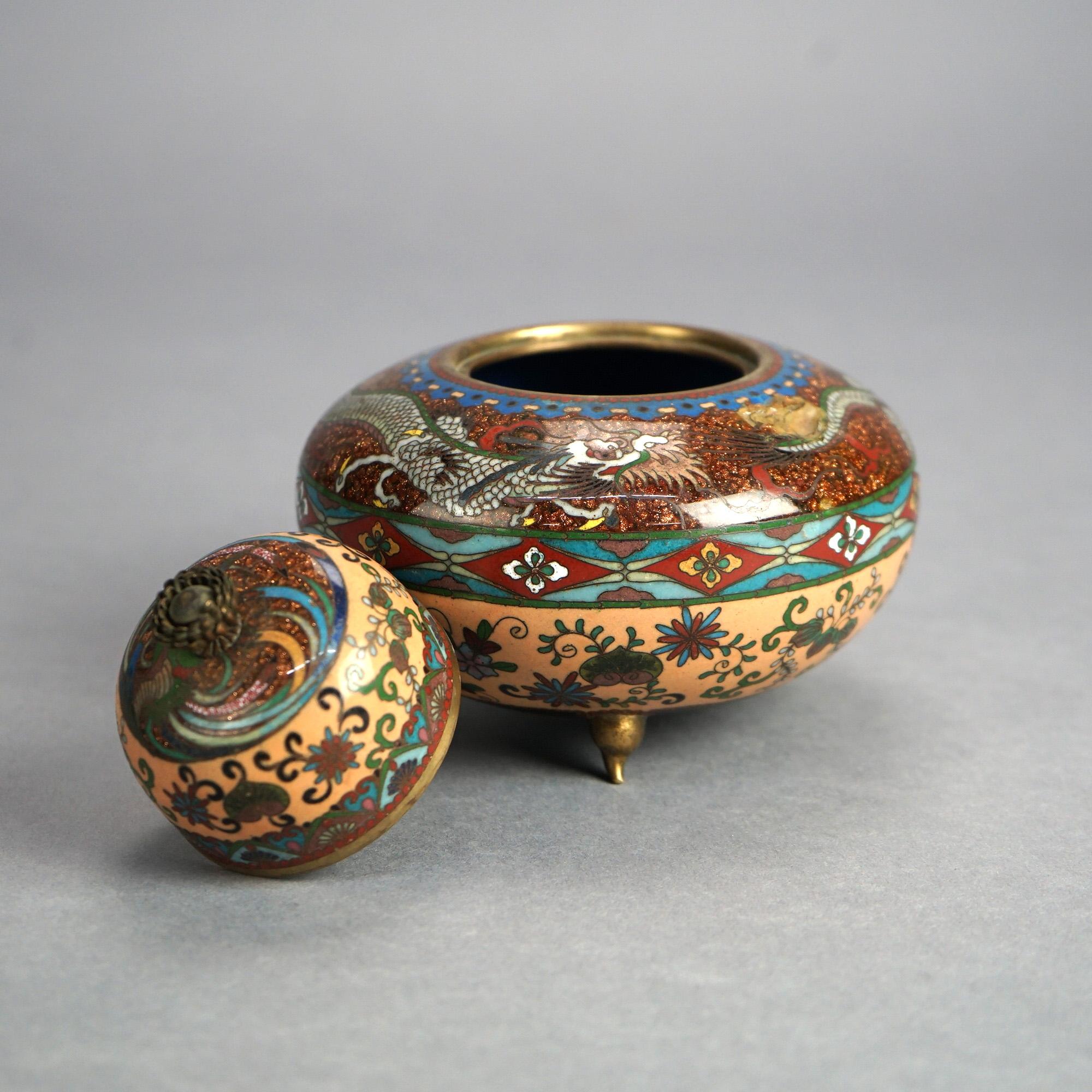 Antique Japanese Meiji Cloisonné Enameled, Footed & Lidded Scent Jar with Dragon and Flowers C1920

Measures- 5''H x 5.25''W x 5.25''D
