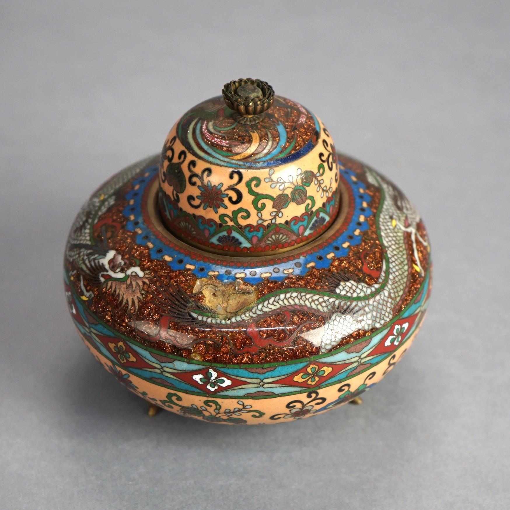 Japonais Antiquité japonaise Meiji émaillée cloisonnée et couvercle jarre à parfum Dragon Antiques C1920 en vente