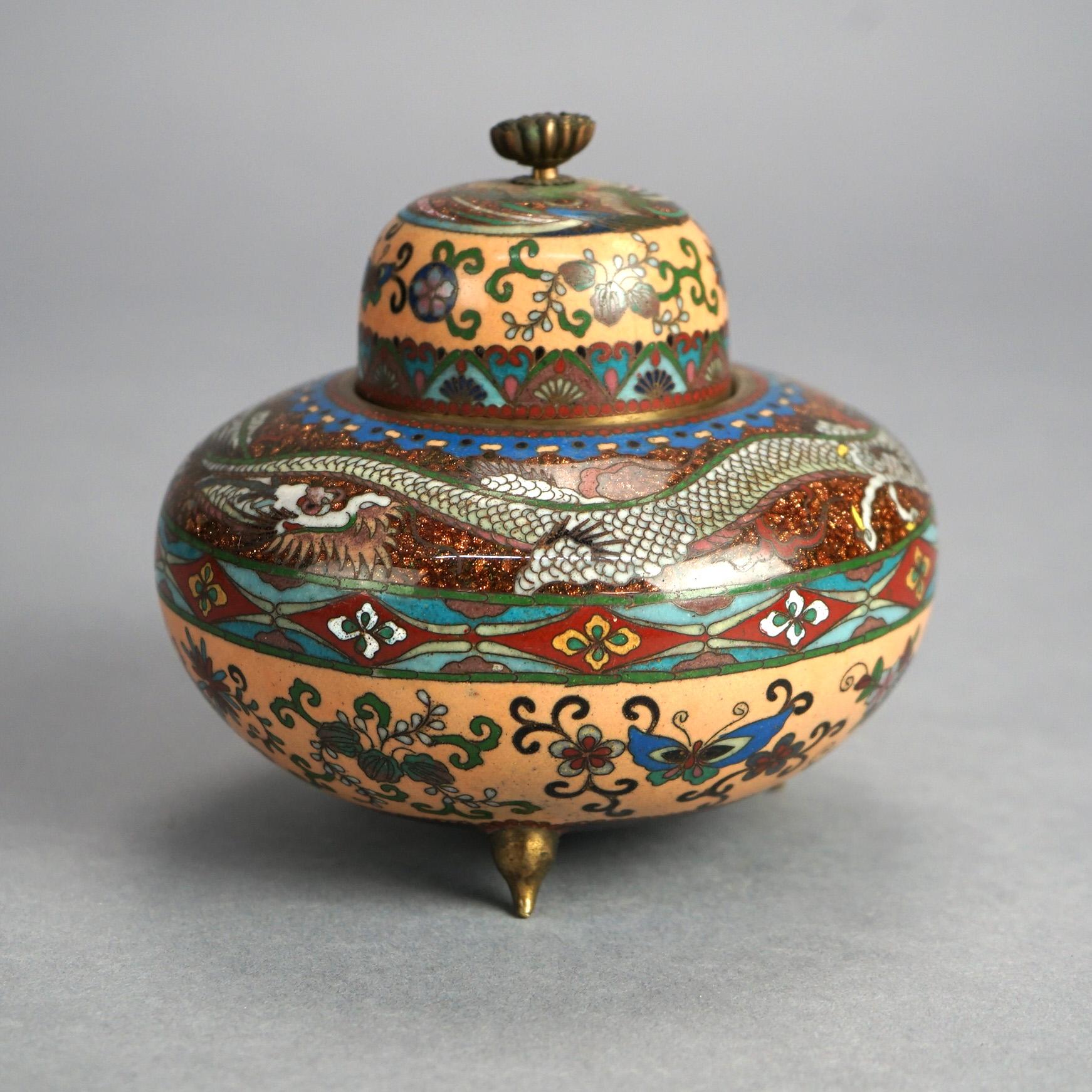 Antiquité japonaise Meiji émaillée cloisonnée et couvercle jarre à parfum Dragon Antiques C1920 Bon état - En vente à Big Flats, NY