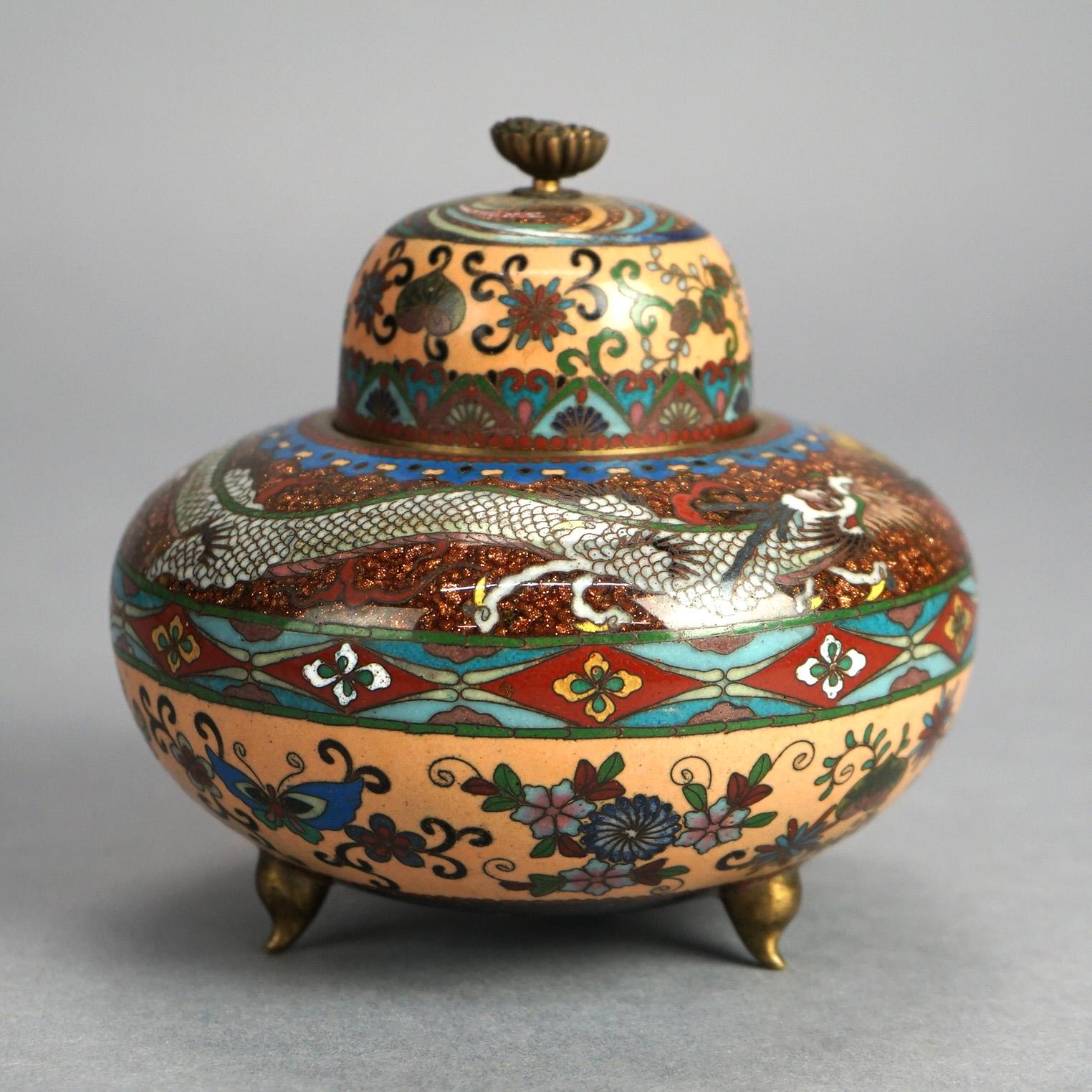 Métal Antiquité japonaise Meiji émaillée cloisonnée et couvercle jarre à parfum Dragon Antiques C1920 en vente
