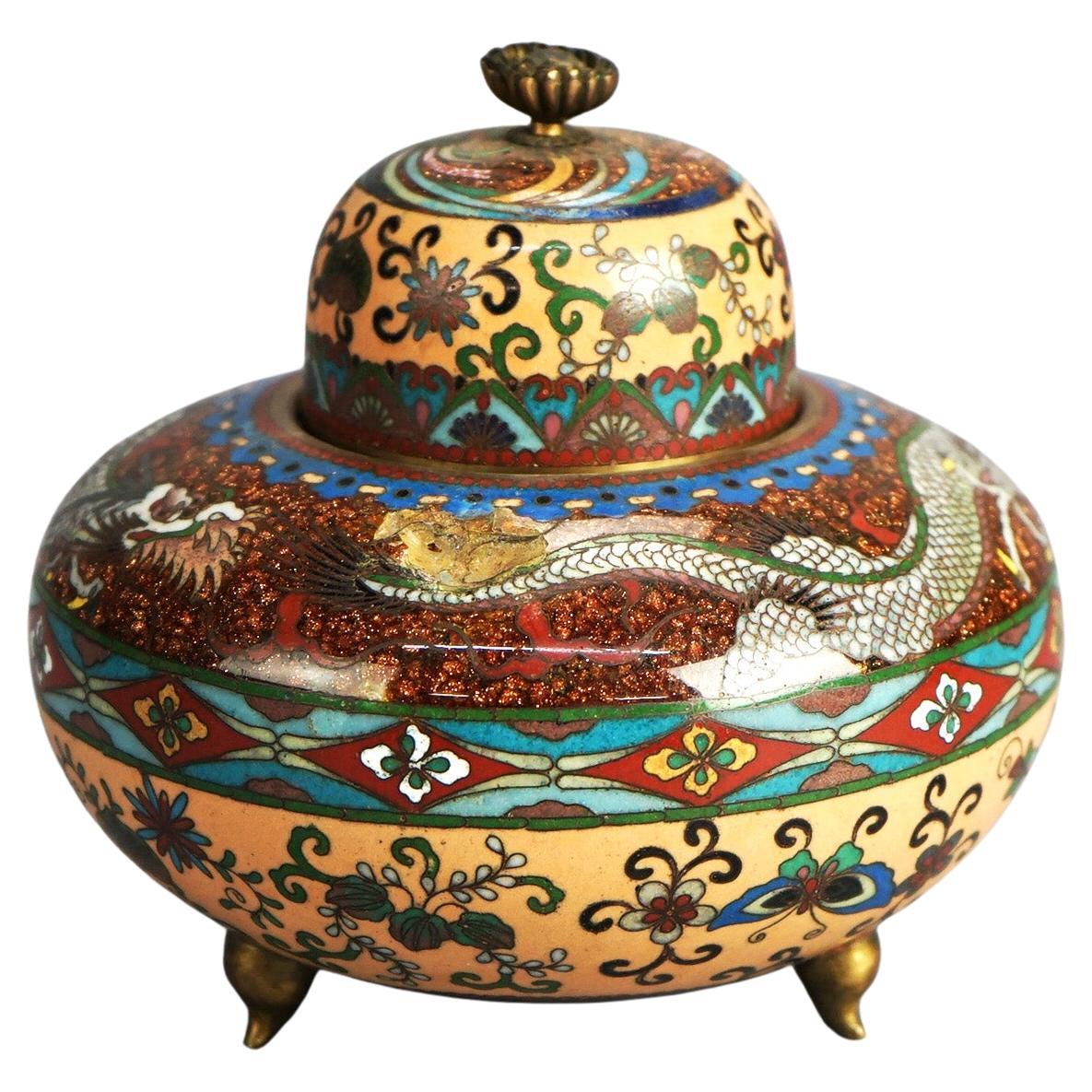 Antique Japanese Meiji Cloisonné Enameled & Lidded Scent Dragon Jar C1920 For Sale