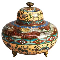 Antique Japanese Meiji Cloisonné Enameled & Lidded Scent Dragon Jar C1920