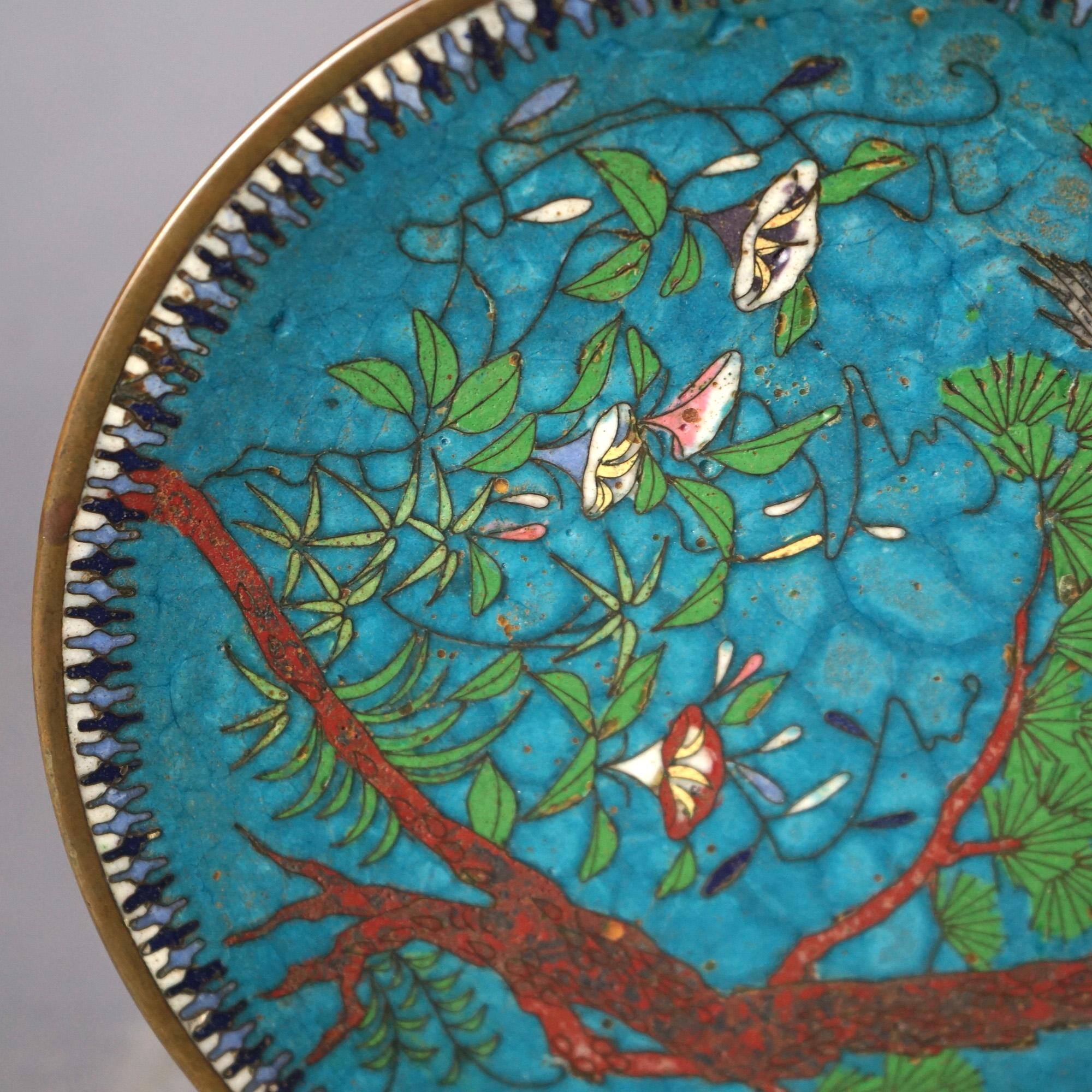 Antique Japanese Meiji Cloisonné Enameled Plate with Flowers & Bird C1920 In Good Condition For Sale In Big Flats, NY