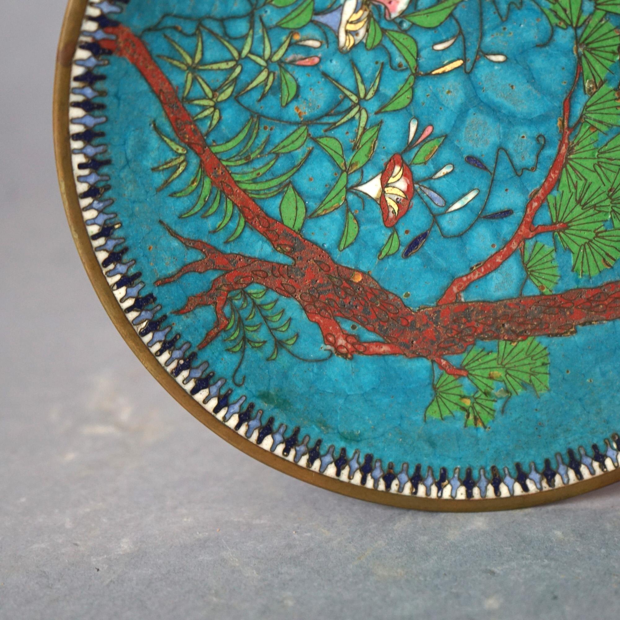 20th Century Antique Japanese Meiji Cloisonné Enameled Plate with Flowers & Bird C1920 For Sale