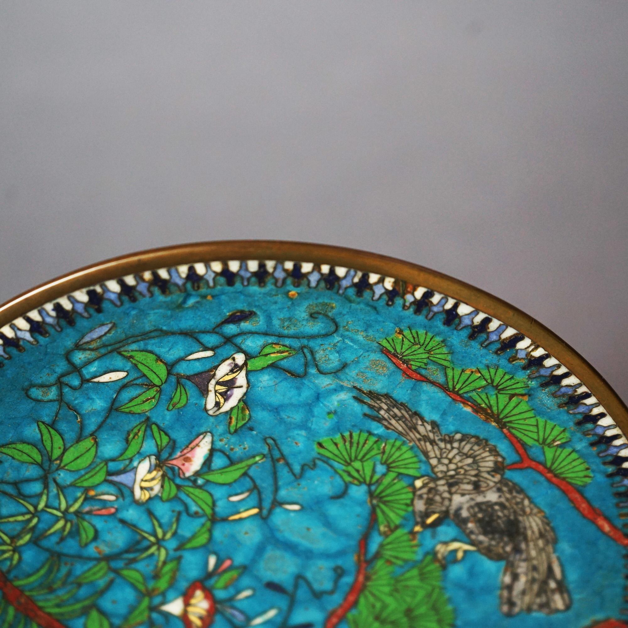 Metal Antique Japanese Meiji Cloisonné Enameled Plate with Flowers & Bird C1920 For Sale
