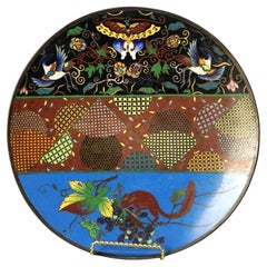 Antique Japanese Meiji Cloisonné Enameled Plate with Moth, Animal & Grapes C1920