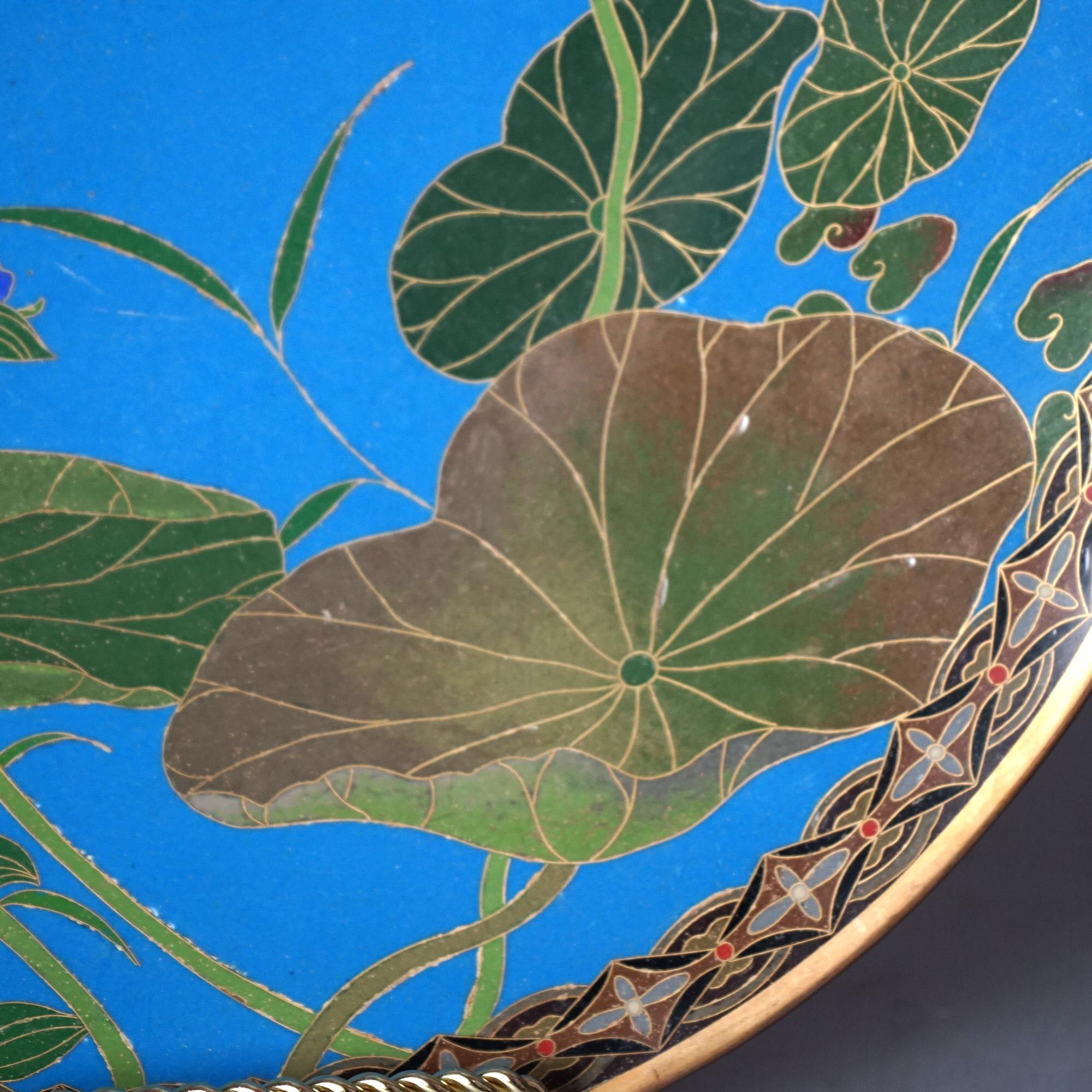 20th Century Antique Japanese Meiji Cloisonné Enameled Plate with Pond & Heron C1920 For Sale