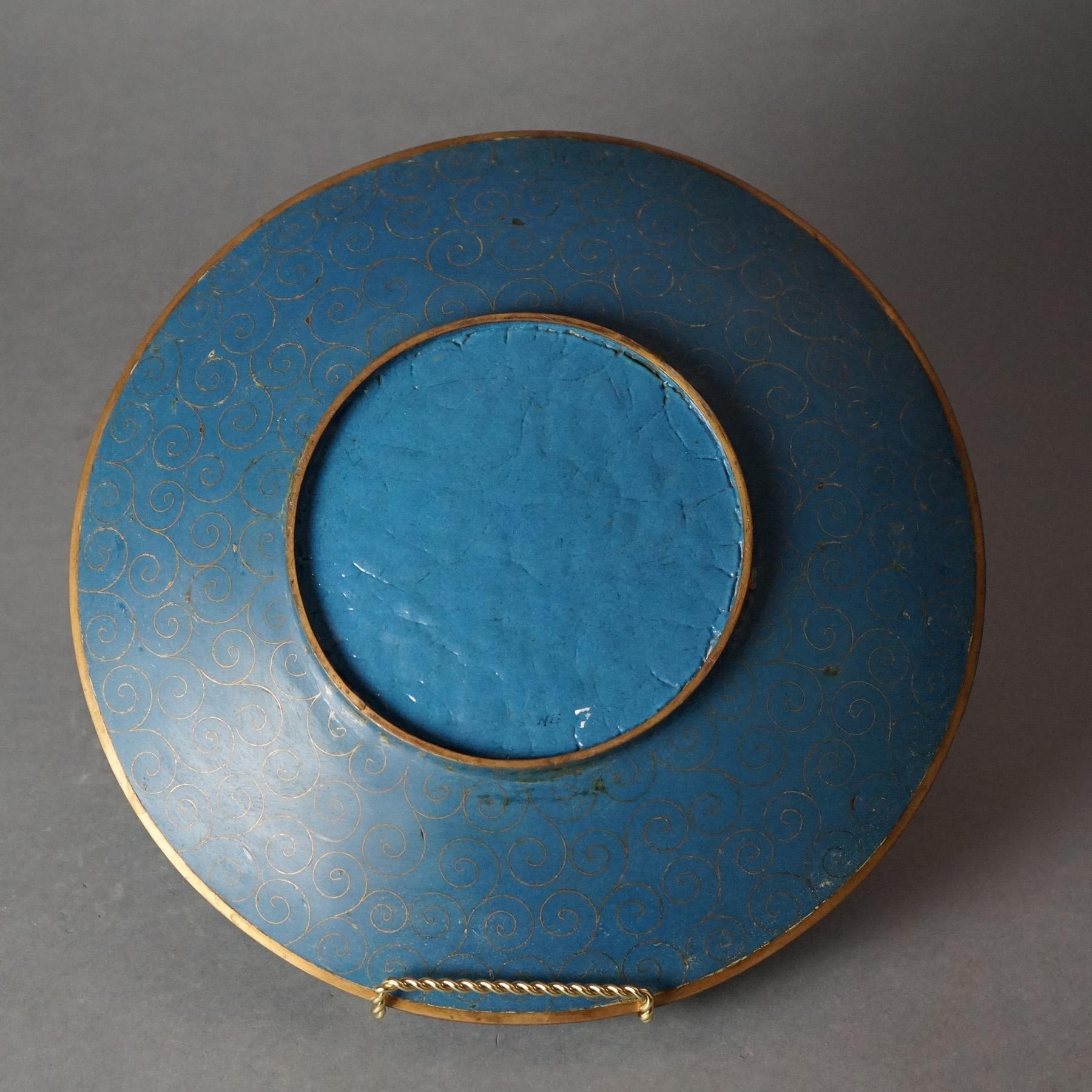 Antike japanische Meiji Cloisonné emaillierte Platte mit Teich und Reiher C1920 1