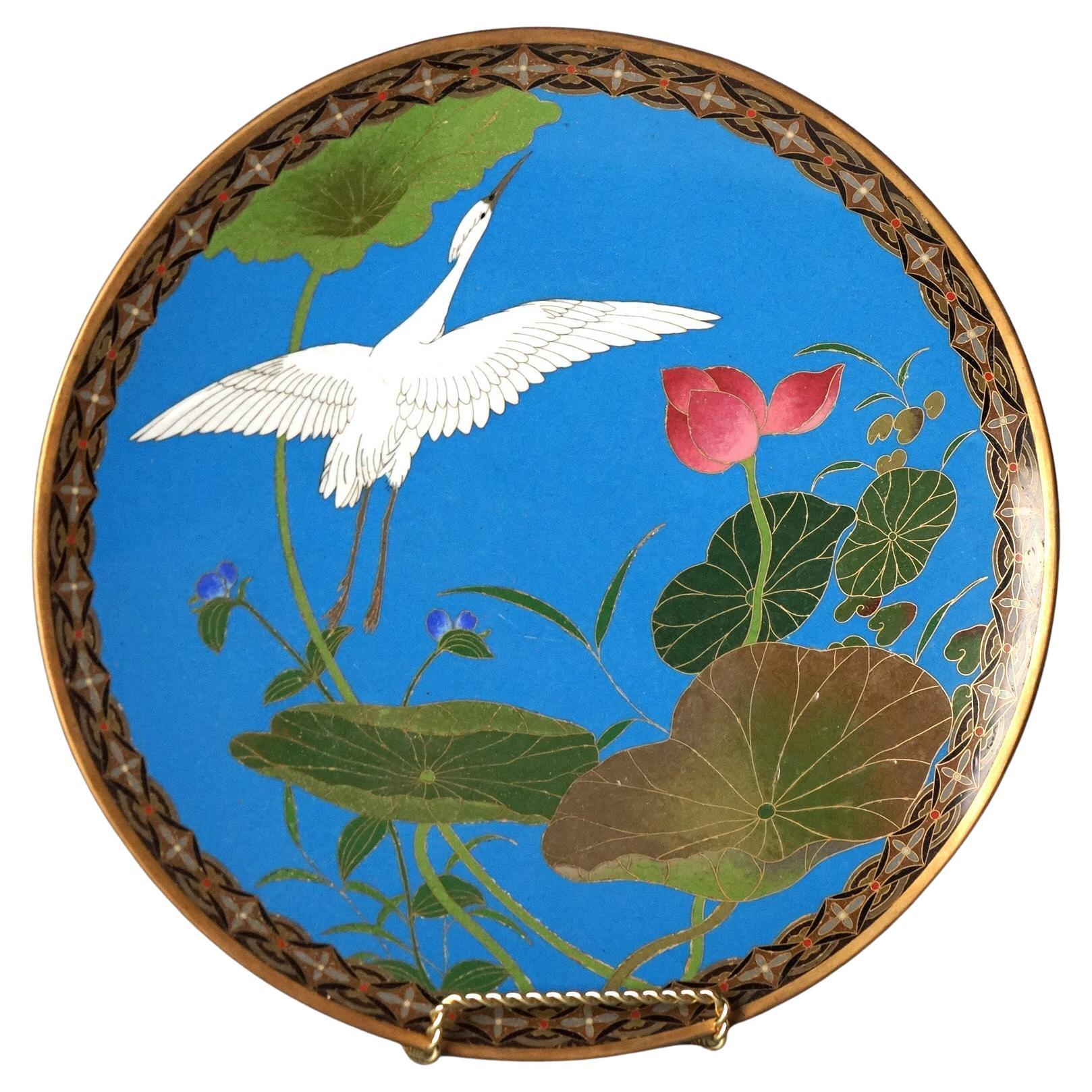 Antique Japanese Meiji Cloisonné Enameled Plate with Pond & Heron C1920 For Sale
